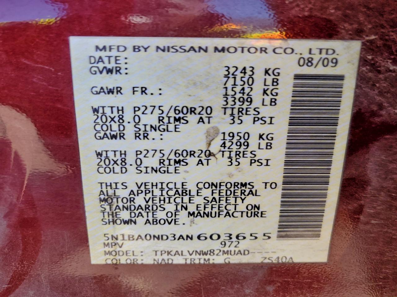 2010 Nissan Armada Se VIN: 5N1BA0ND3AN603655 Lot: 94491605