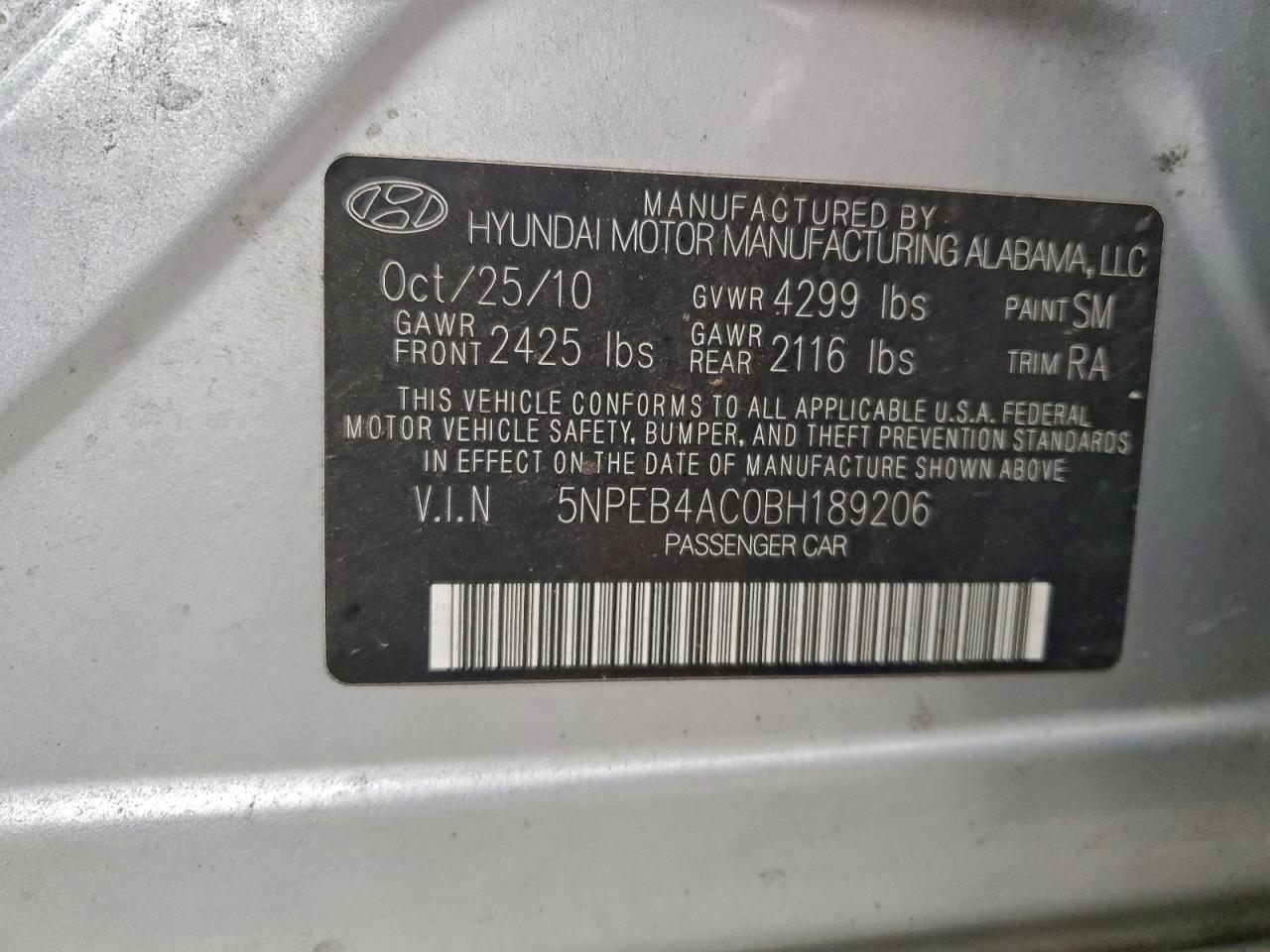 2011 Hyundai Sonata Gls VIN: 5NPEB4AC0BH189206 Lot: 94126105