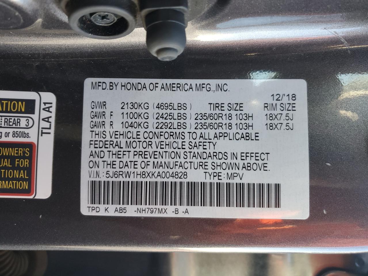 2019 Honda Cr-V Exl VIN: 5J6RW1H8XKA004828 Lot: 92116435