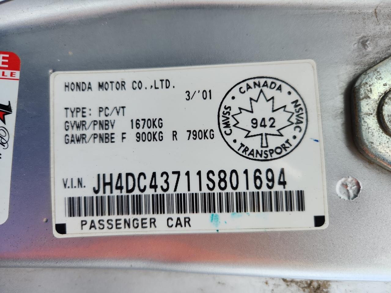 2001 Acura Integra Gs VIN: JH4DC43711S801694 Lot: 93481545