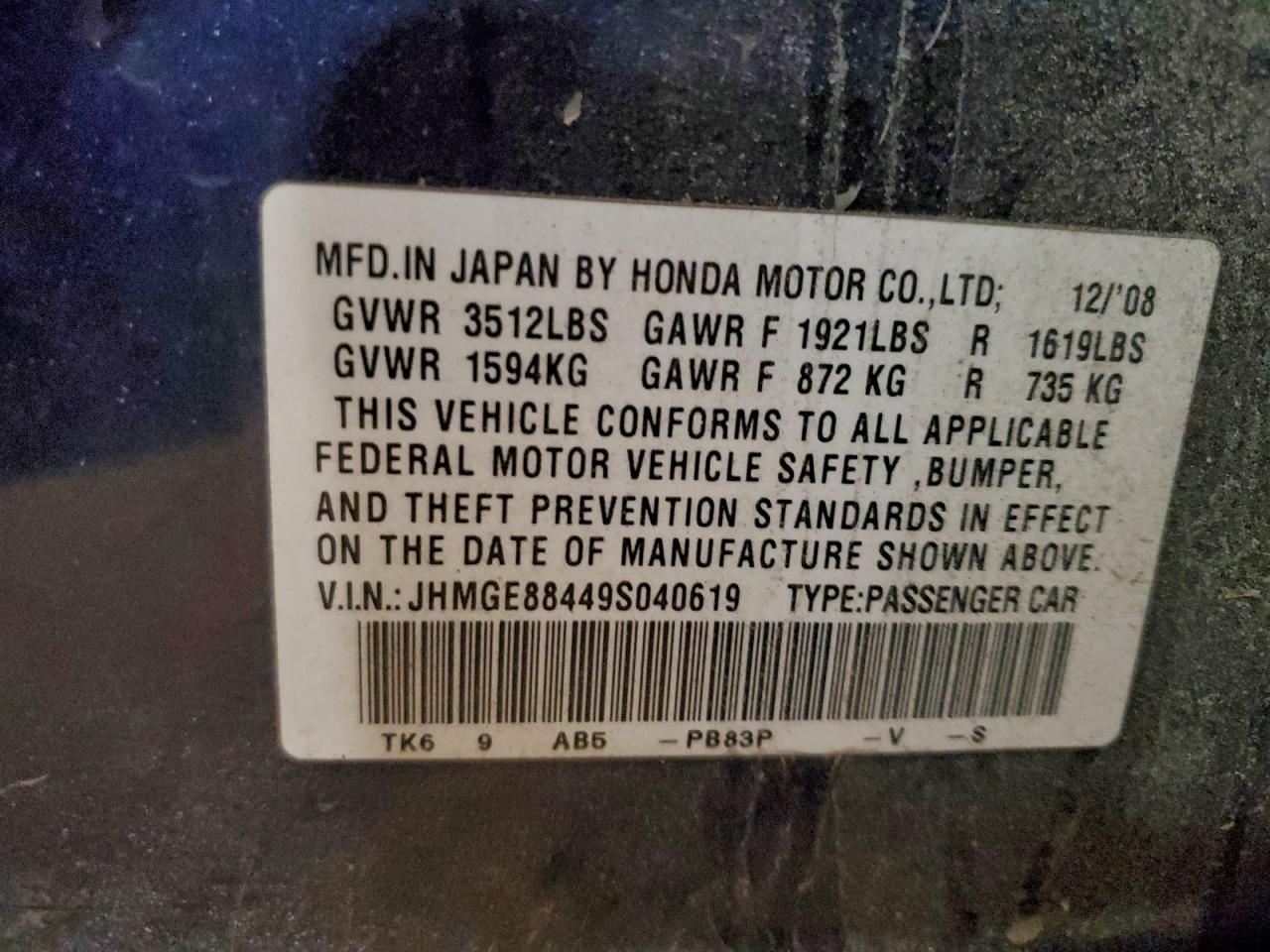 2009 Honda Fit Sport VIN: JHMGE88449S040619 Lot: 92790755