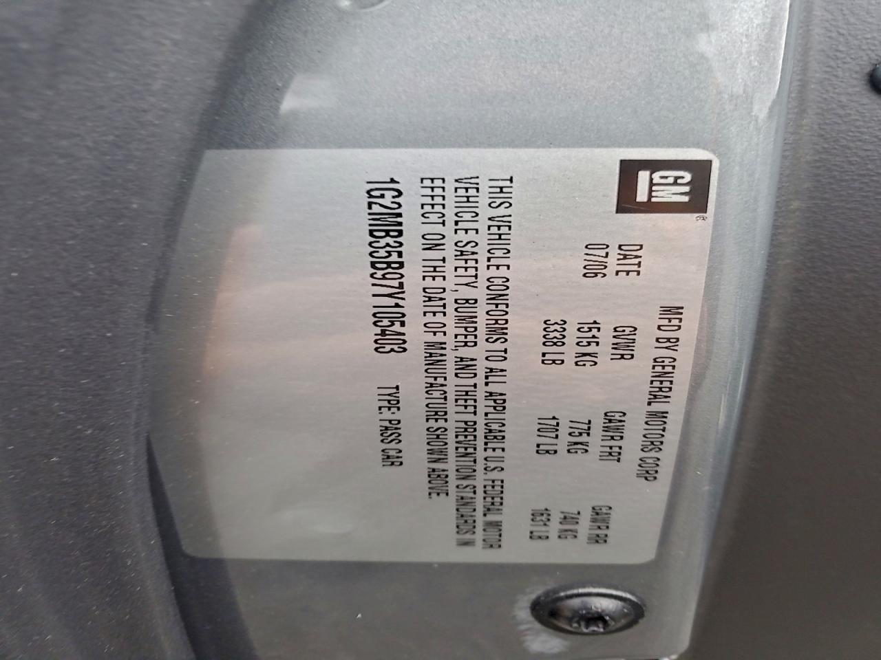 2007 Pontiac Solstice VIN: 1G2MB35B97Y105403 Lot: 93228955