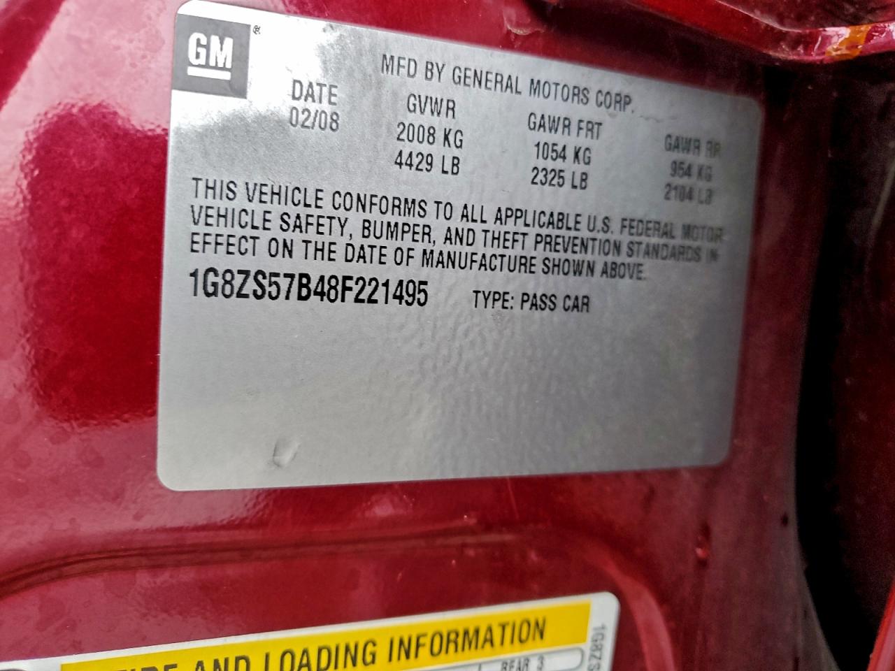 2008 Saturn Aura Xe VIN: 1G8ZS57B48F221495 Lot: 94285355