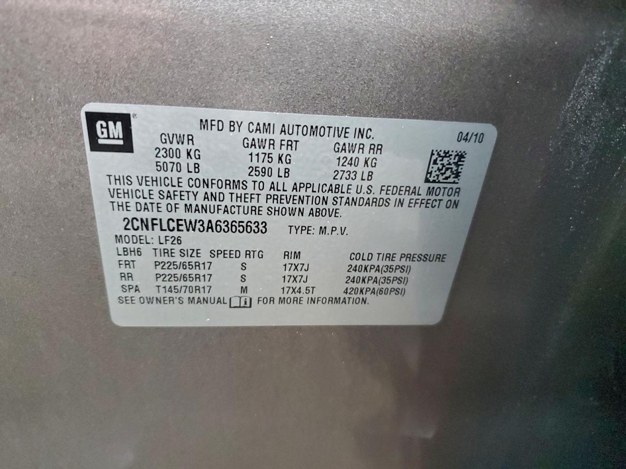 2010 Chevrolet Equinox Ls VIN: 2CNFLCEW3A6365633 Lot: 93833735