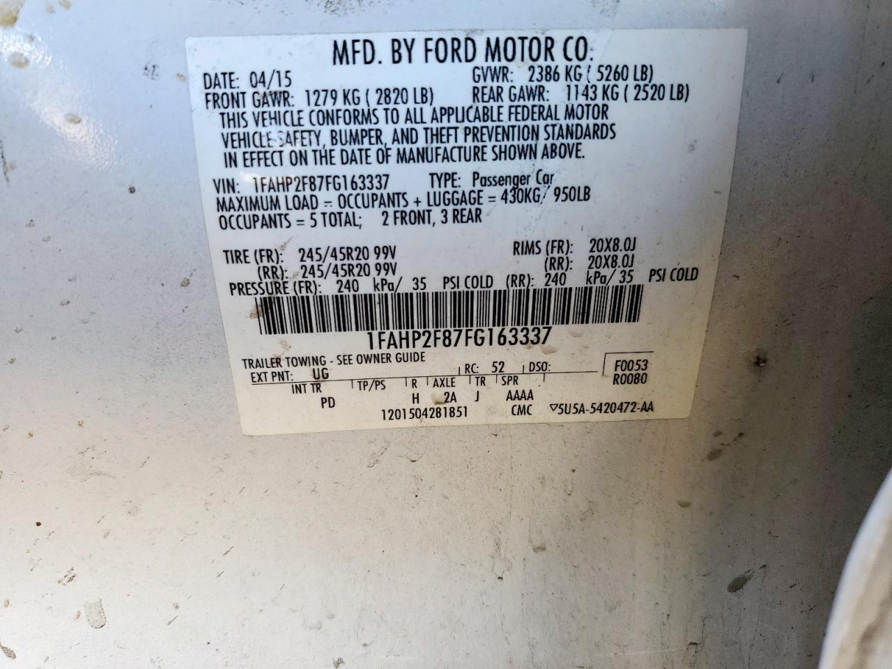 2015 Ford Taurus Limited VIN: 1FAHP2F87FG163337 Lot: 90923095