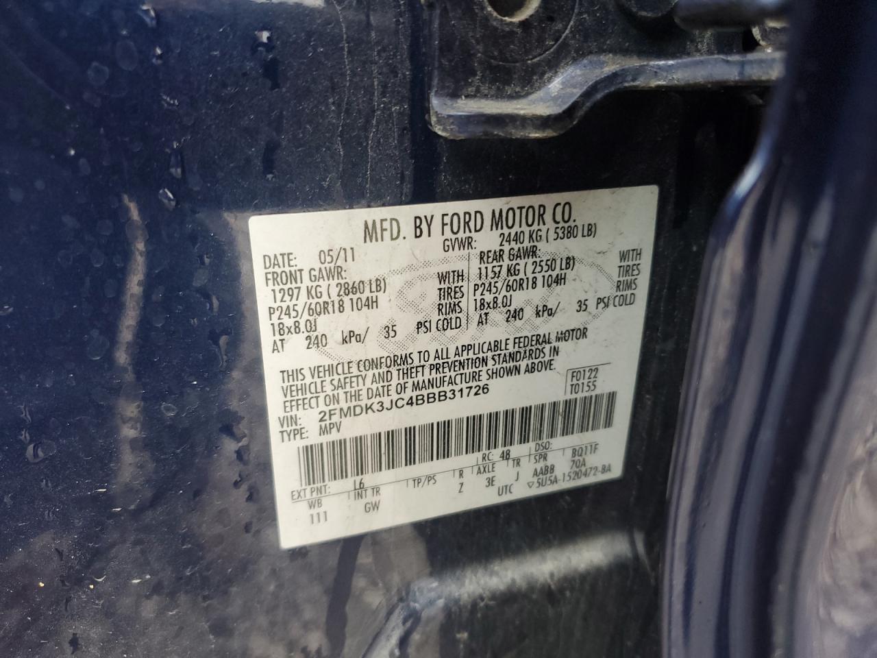 2011 Ford Edge Sel VIN: 2FMDK3JC4BBB31726 Lot: 92907075