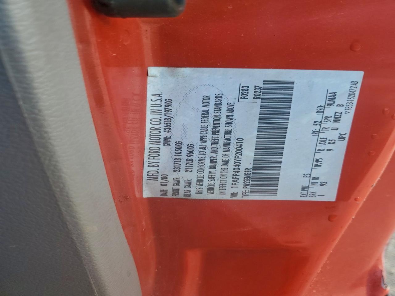 2000 Ford Mustang VIN: 1FAFP4040YF200410 Lot: 93686795