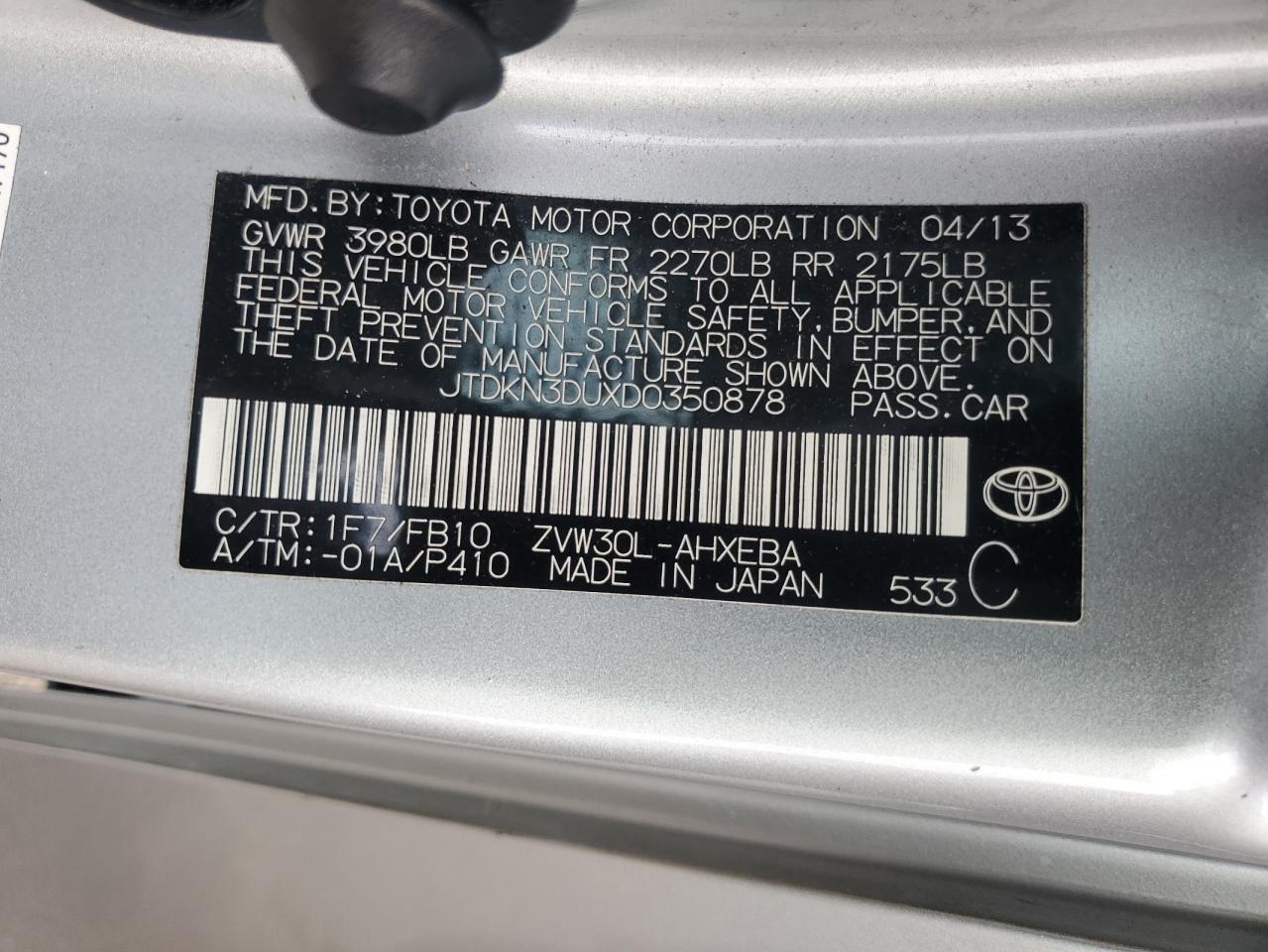 2013 Toyota Prius VIN: JTDKN3DUXD0350878 Lot: 93302935