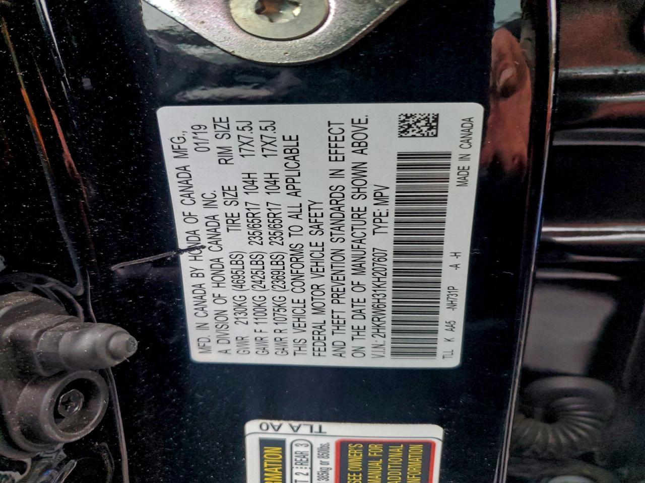 2019 Honda Cr-V Lx VIN: 2HKRW6H31KH207607 Lot: 93961365