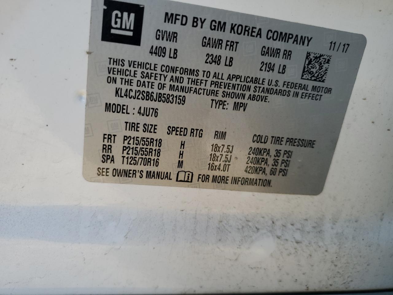 2018 Buick Encore Sport Touring VIN: KL4CJ2SB6JB583159 Lot: 91438055