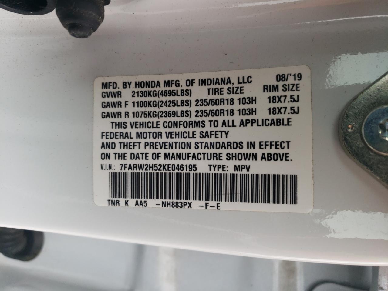 2019 Honda Cr-V Ex VIN: 7FARW2H52KE046195 Lot: 93565175