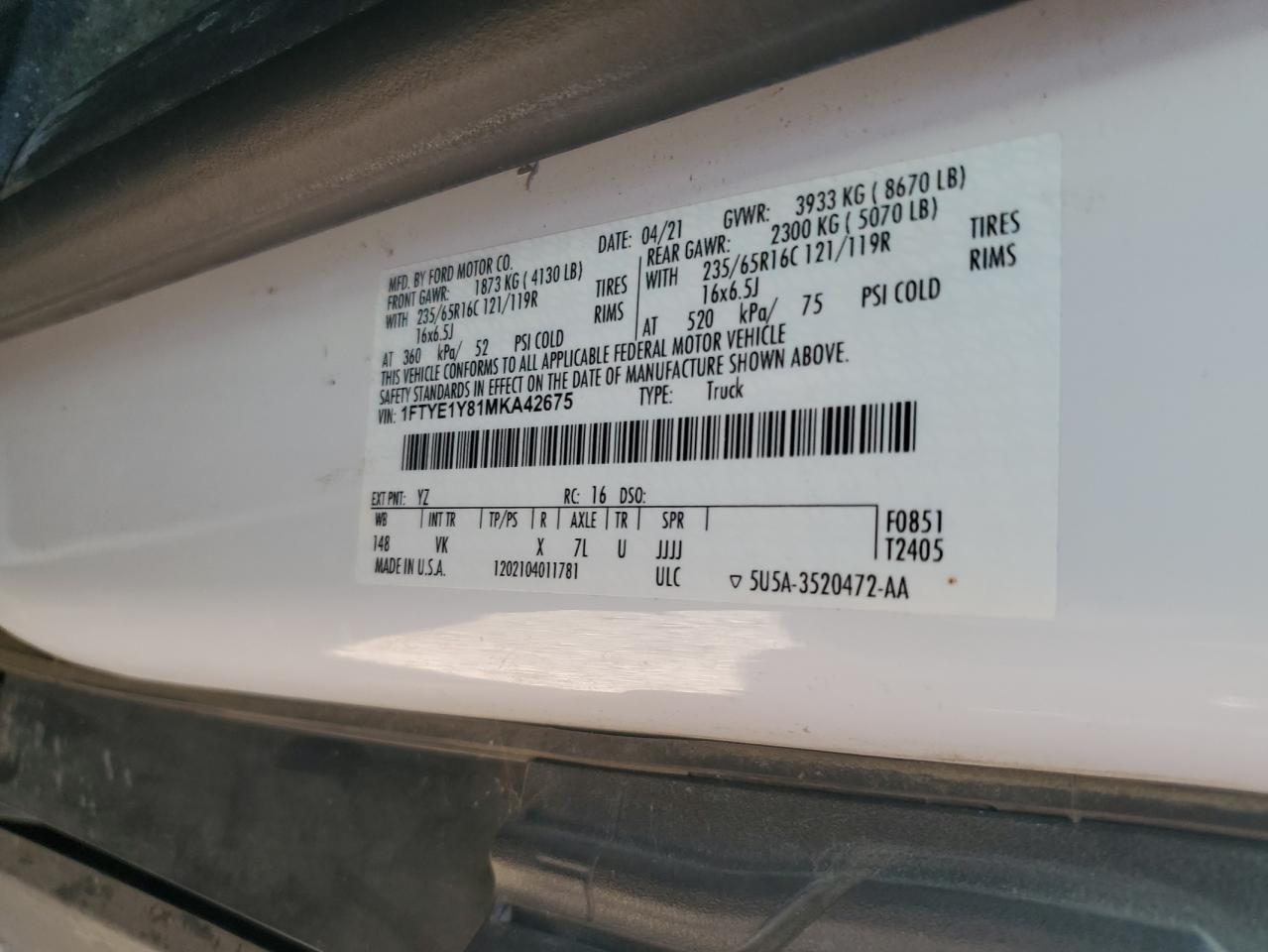 2021 Ford Transit Delivery Van VIN: 1FTYE1Y81MKA42675 Lot: 91061115