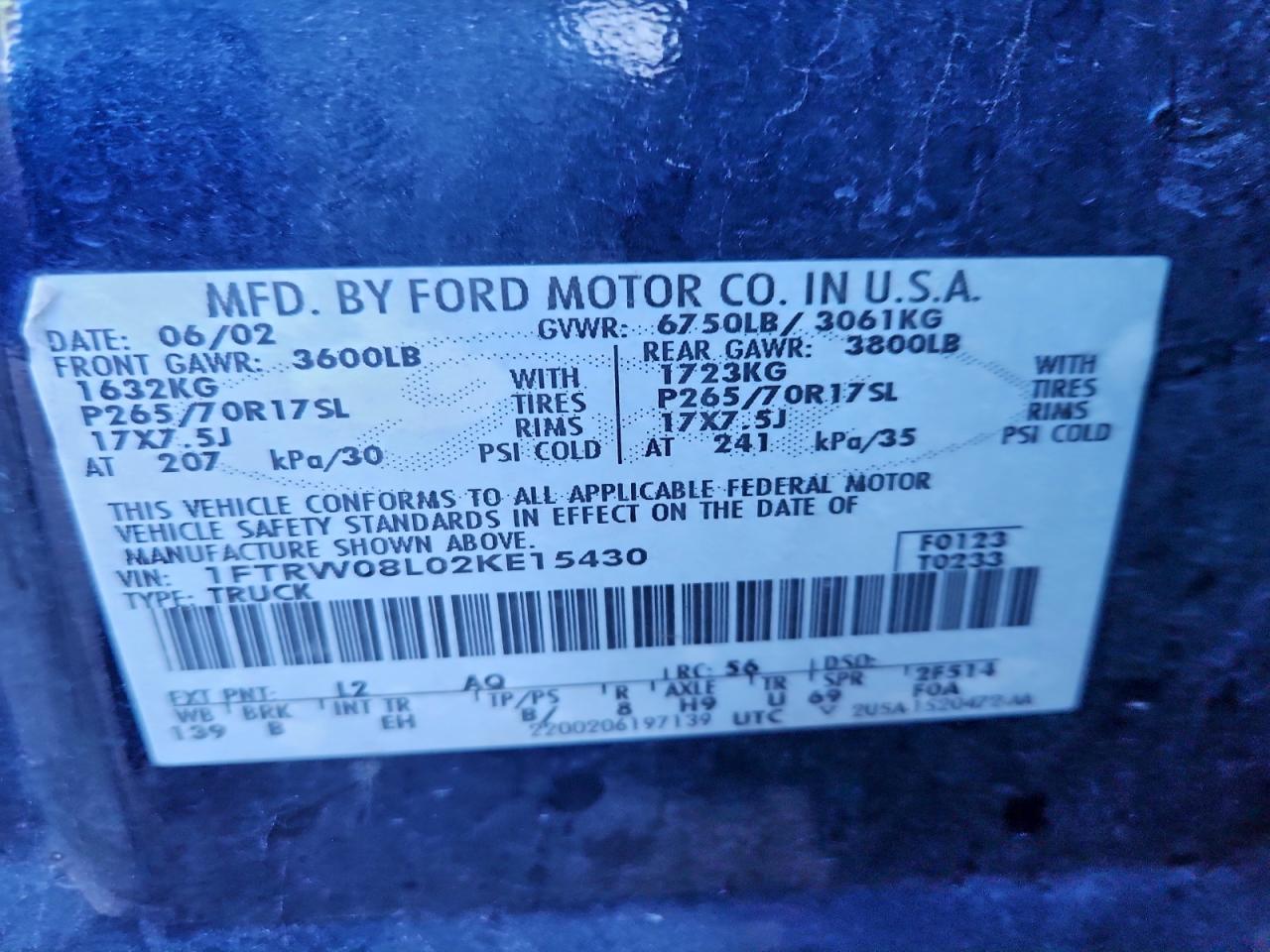 2002 Ford F150 Supercrew VIN: 1FTRW08L02KE15430 Lot: 93472875