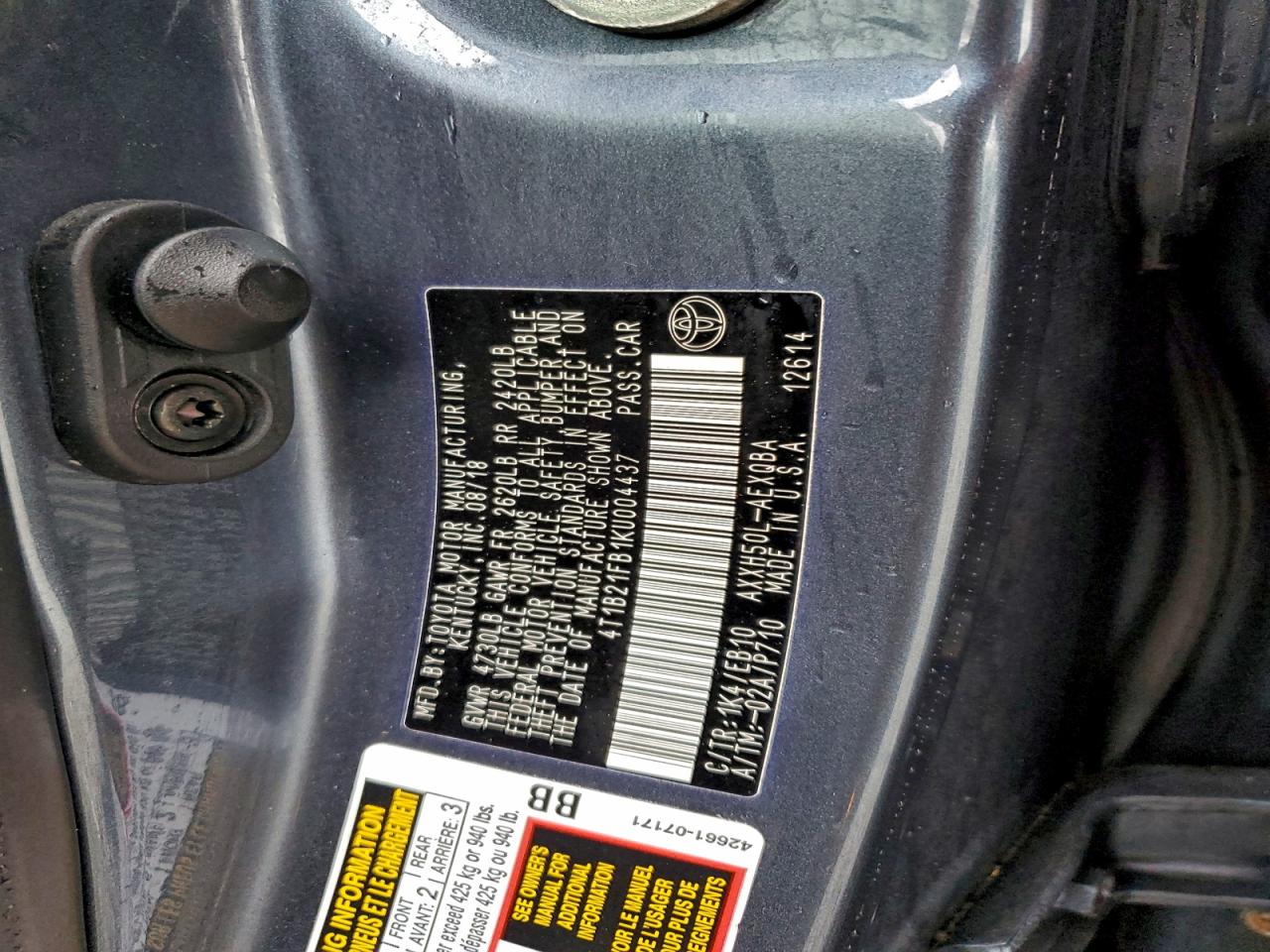 2019 Toyota Avalon Xle VIN: 4T1B21FB1KU004437 Lot: 94650535