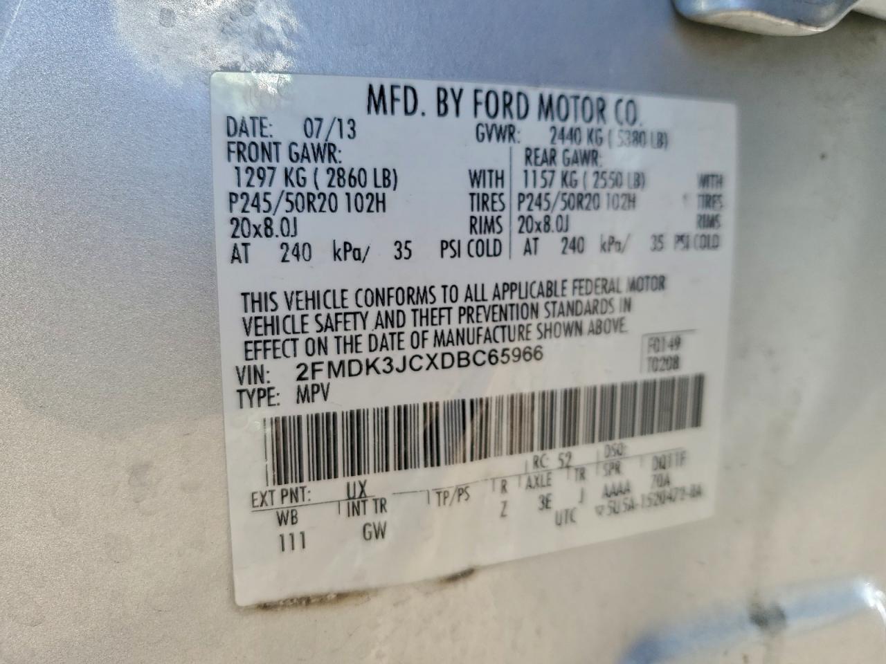 2013 Ford Edge Sel VIN: 2FMDK3JCXDBC65966 Lot: 92229995