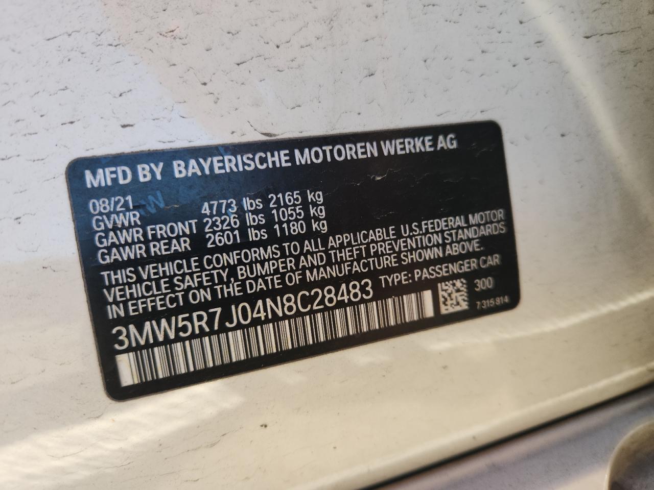 2022 BMW 330Xi VIN: 3MW5R7J04N8C28483 Lot: 91554565