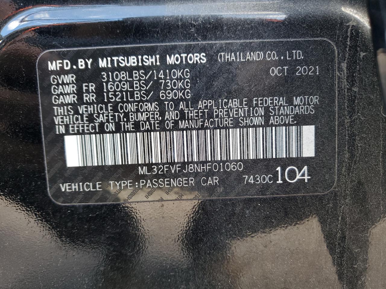 2022 Mitsubishi Mirage G4 Se VIN: ML32FVFJ8NHF01060 Lot: 91391875