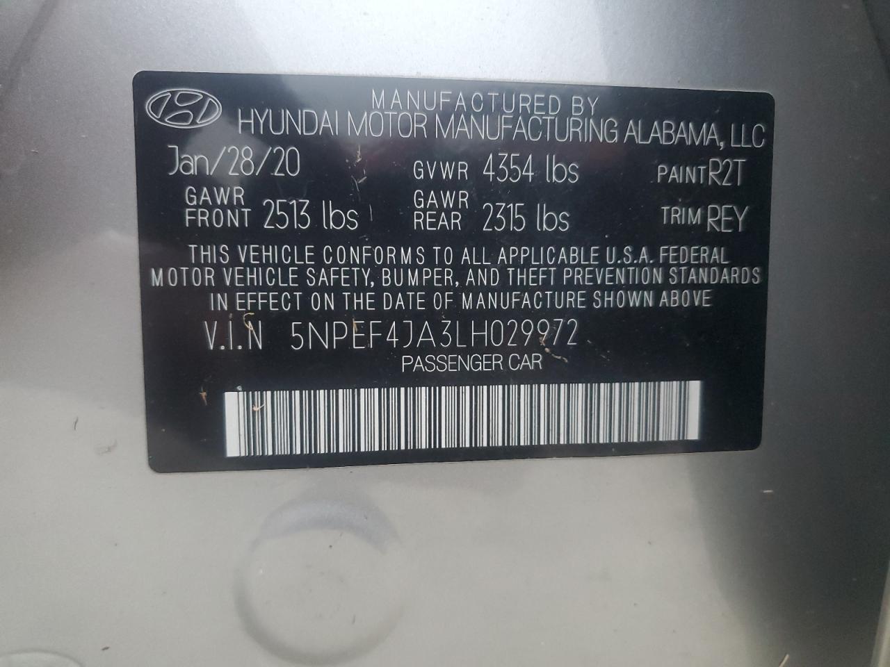 2020 Hyundai Sonata Sel VIN: 5NPEF4JA3LH029972 Lot: 93847935