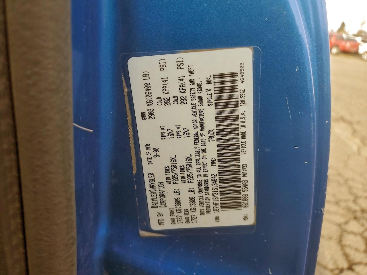 2001 Dodge Ram 1500 VIN: 1B7HF16Y31S134642 Lot: 94176625