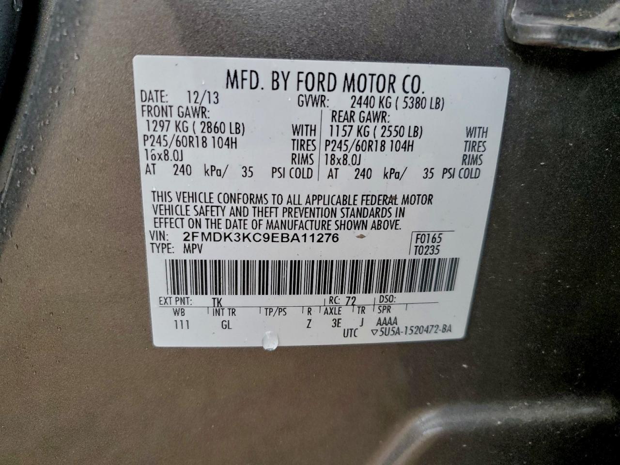 2014 Ford Edge Limited VIN: 2FMDK3KC9EBA11276 Lot: 94424475