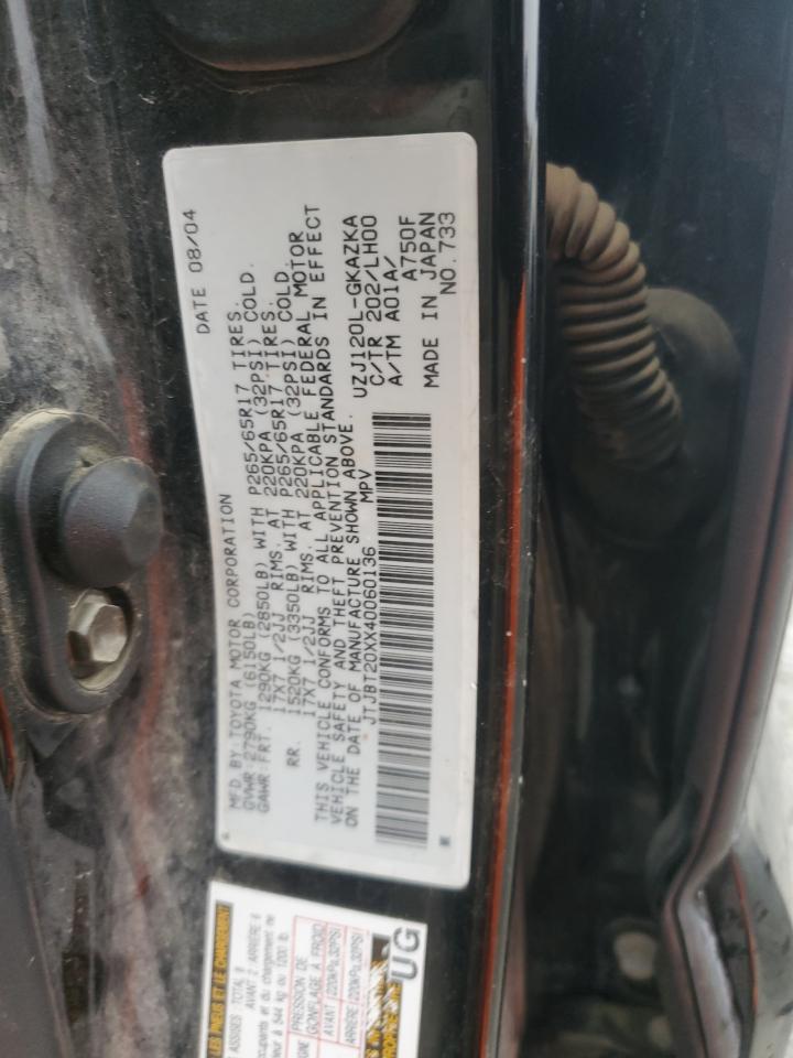 2004 Lexus Gx 470 VIN: JTJBT20XX40060136 Lot: 91712975