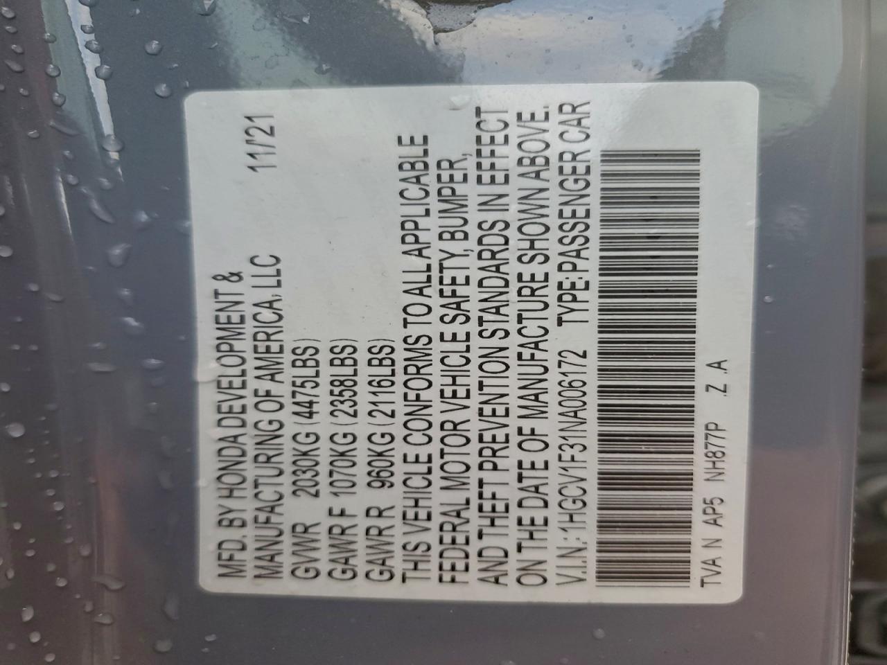 2022 Honda Accord Sport VIN: 1HGCV1F31NA006172 Lot: 92306665