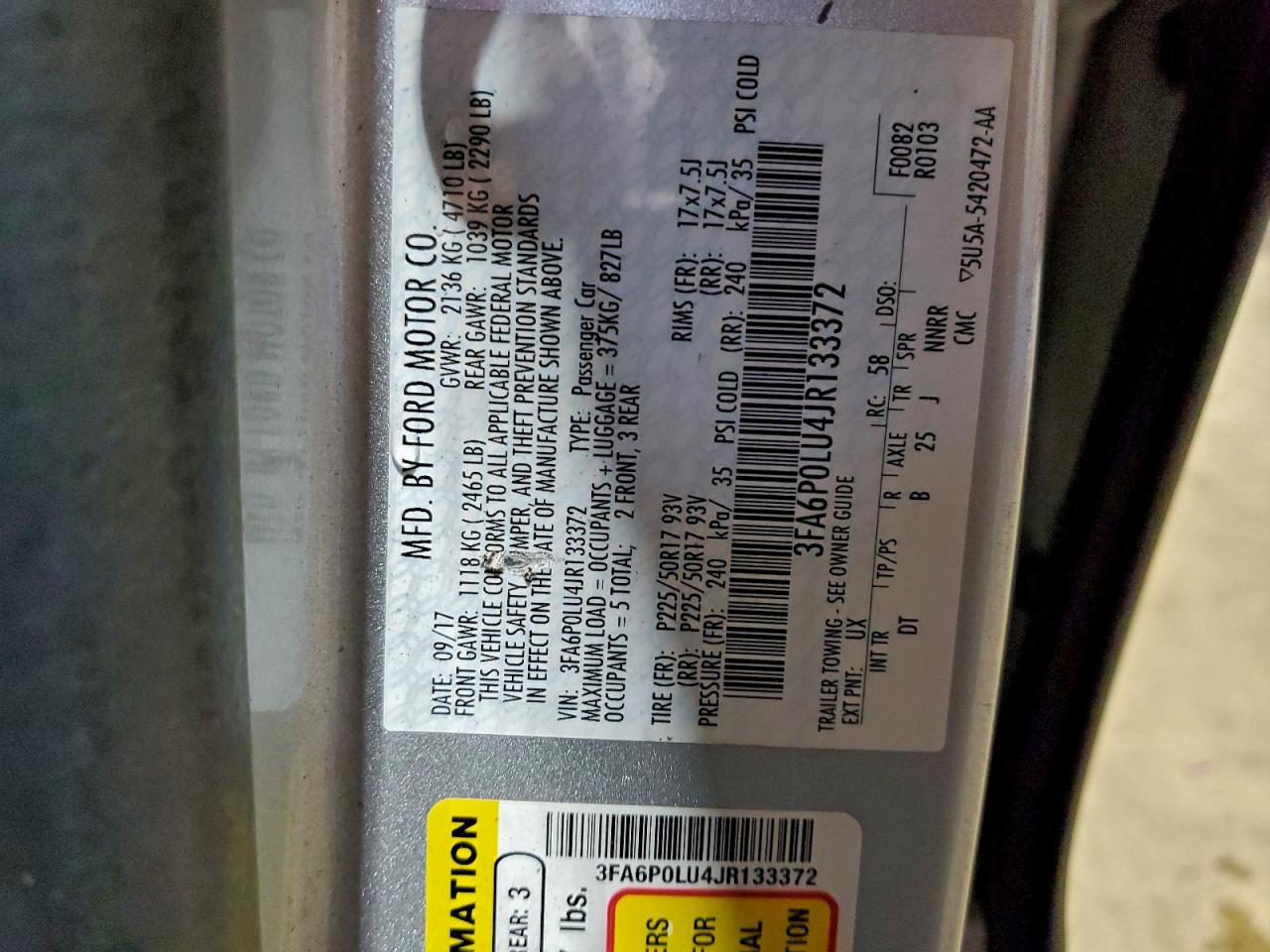 2018 Ford Fusion Se Hybrid VIN: 3FA6P0LU4JR133372 Lot: 92752115