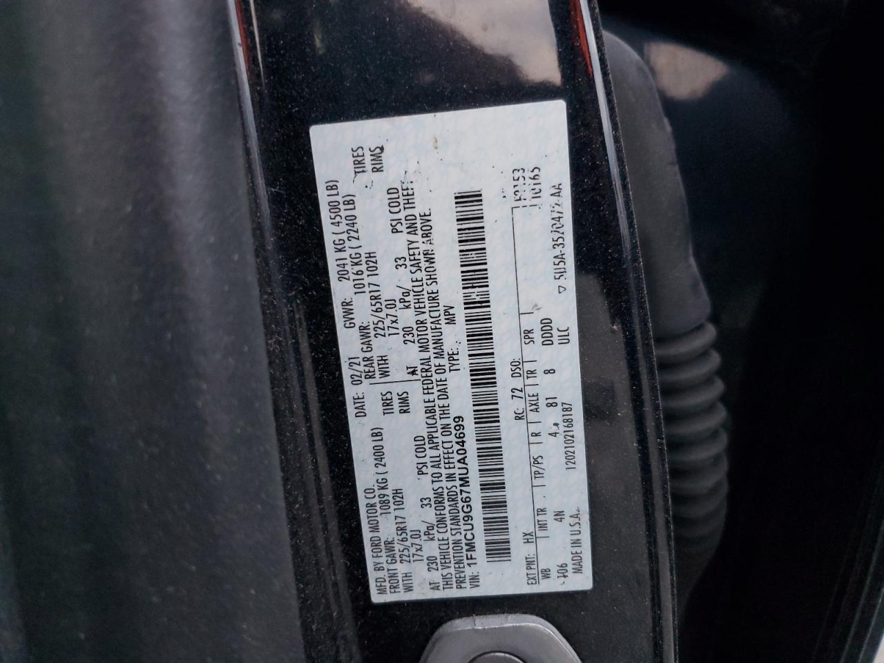 2021 Ford Escape Se VIN: 1FMCU9G67MUA04699 Lot: 92490675