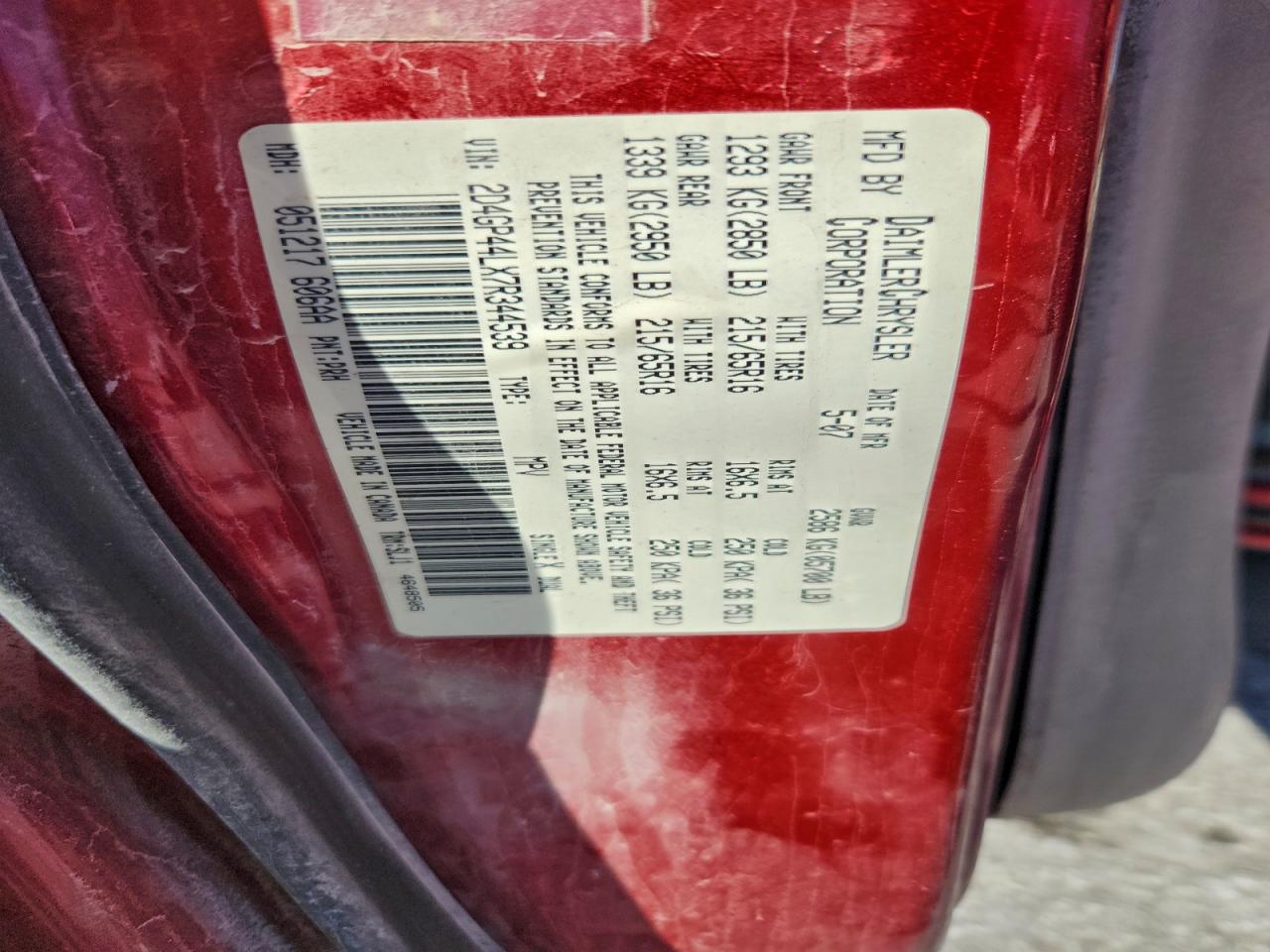 2007 Dodge Grand Caravan Sxt VIN: 2D4GP44LX7R344539 Lot: 93771425