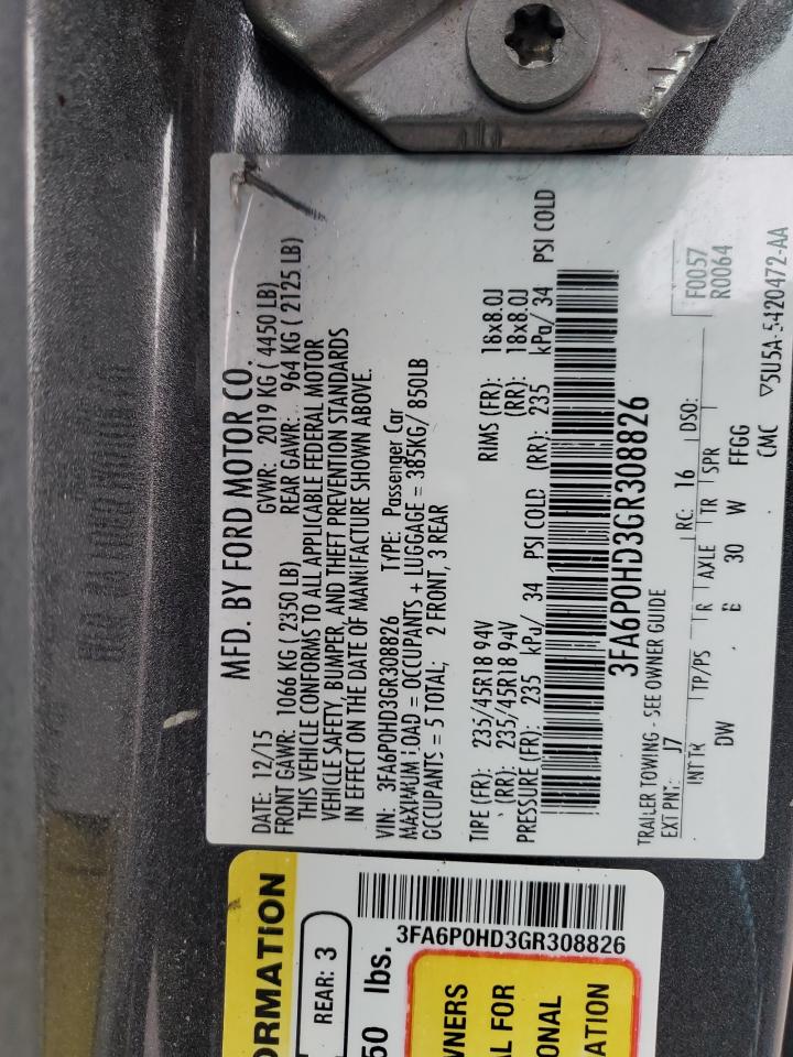 2016 Ford Fusion Se VIN: 3FA6P0HD3GR308826 Lot: 93678715