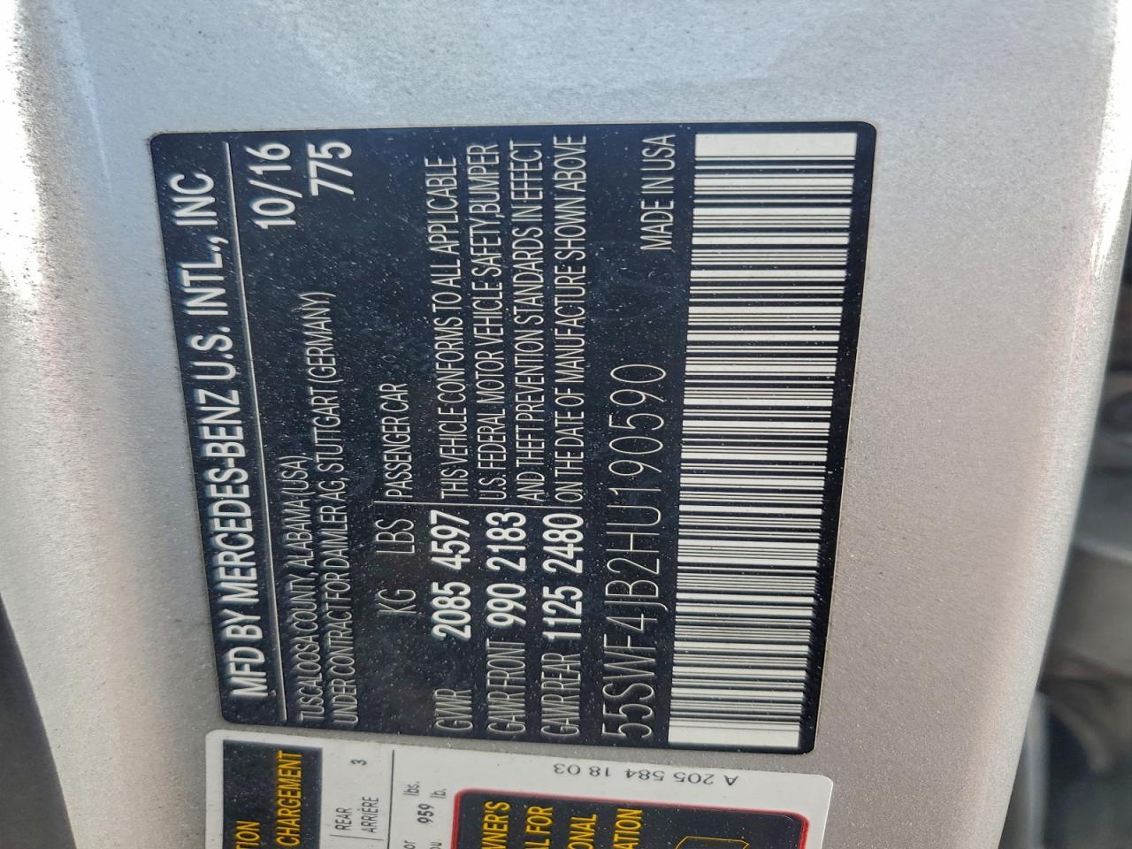 2017 Mercedes-Benz C 300 VIN: 55SWF4JB2HU190590 Lot: 93918825