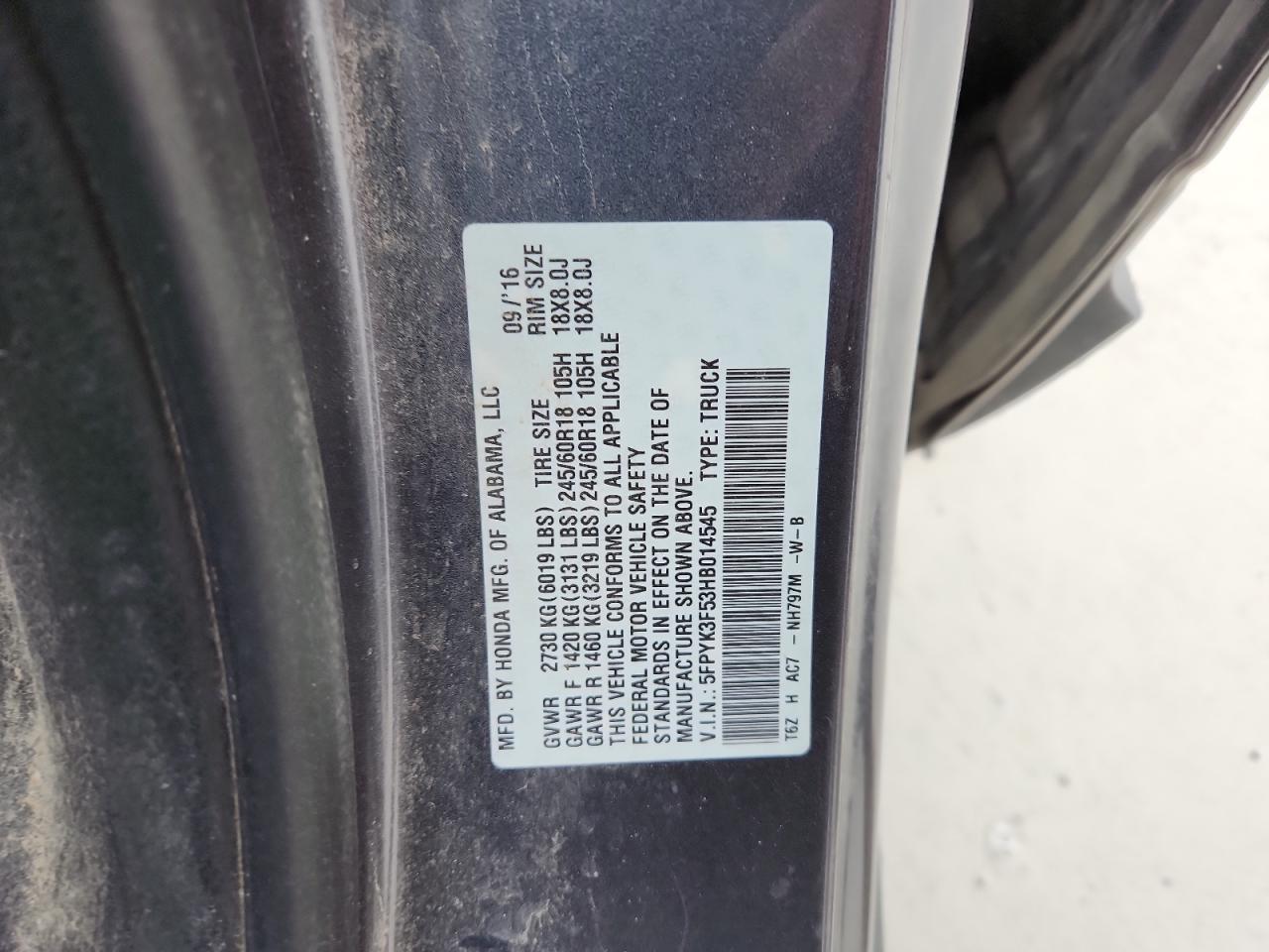 2017 Honda Ridgeline Rtl VIN: 5FPYK3F53HB014545 Lot: 92487975