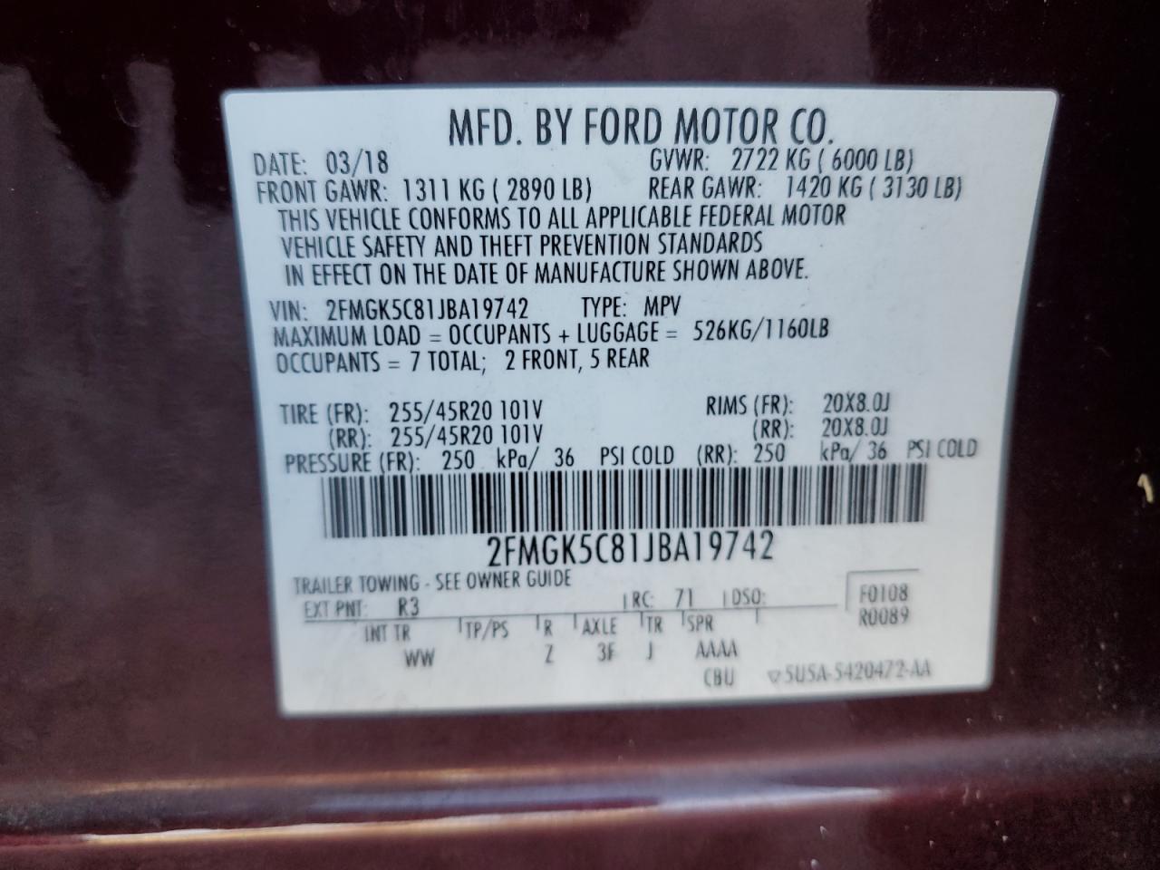 2018 Ford Flex Sel VIN: 2FMGK5C81JBA19742 Lot: 91440945