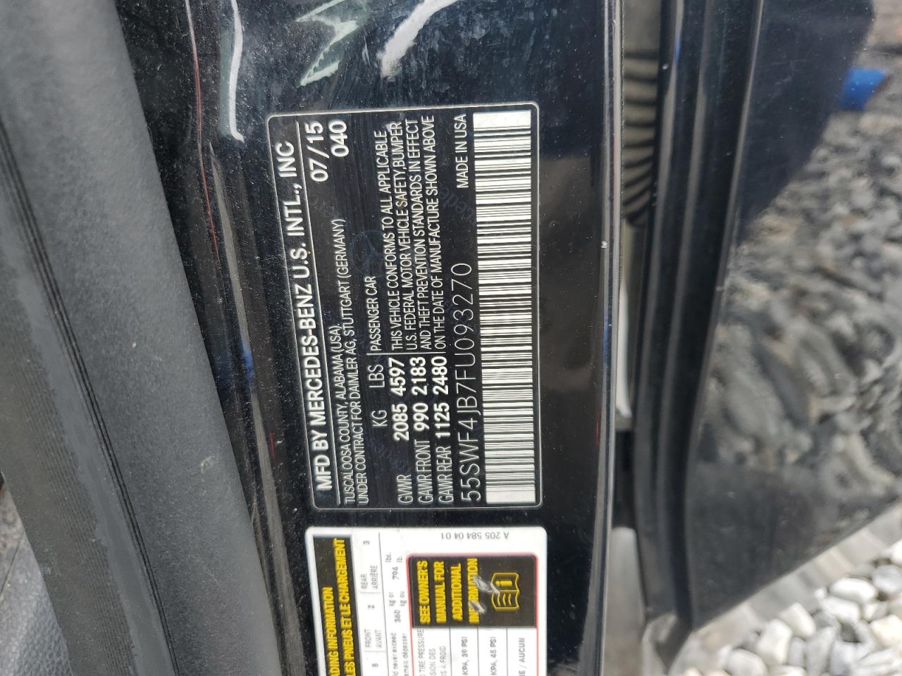 2015 Mercedes-Benz C 300 VIN: 55SWF4JB7FU093270 Lot: 92761055