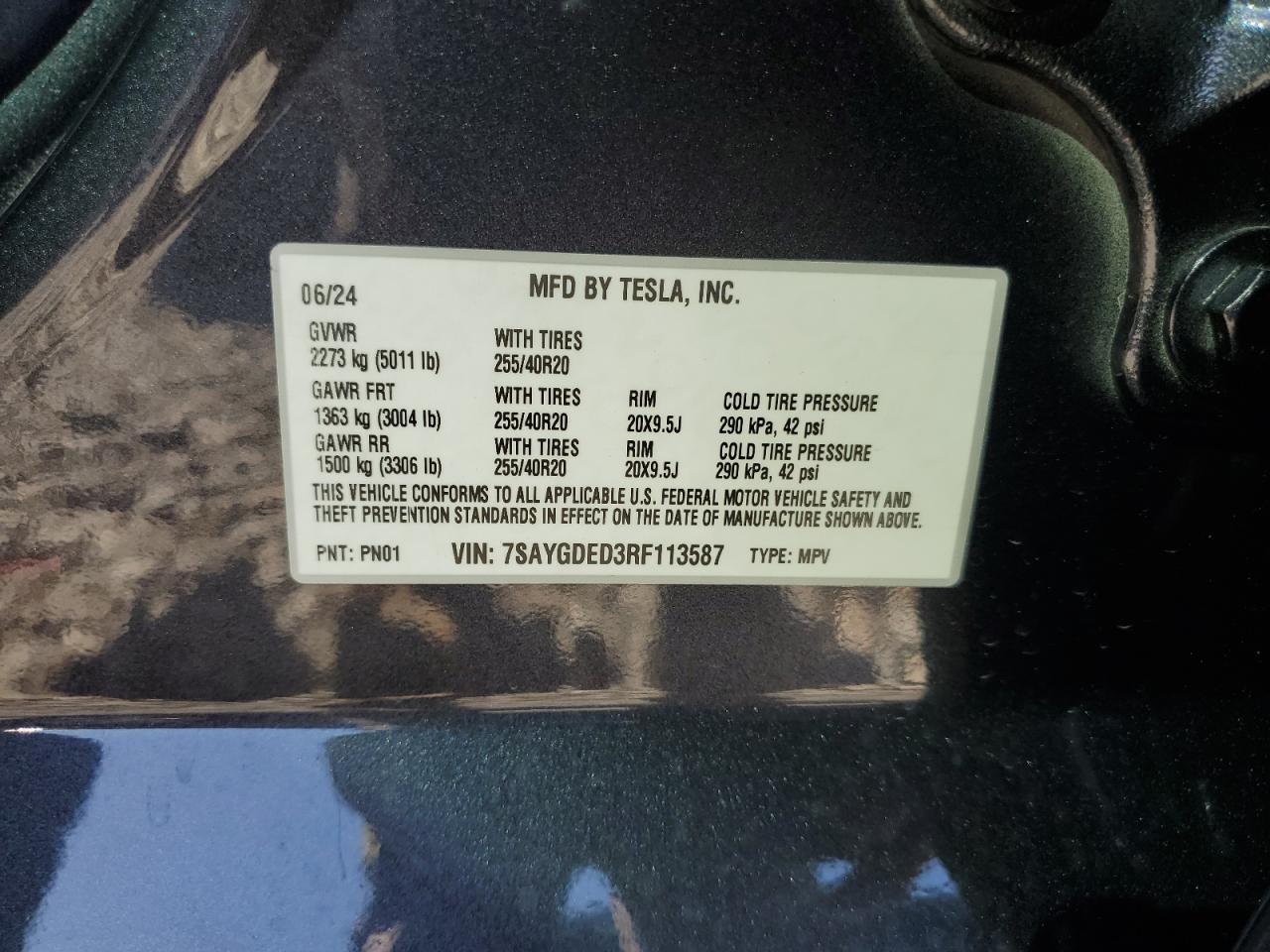 2024 Tesla Model Y VIN: 7SAYGDED3RF113587 Lot: 89726975
