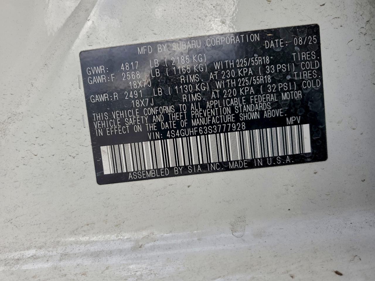 2025 Subaru Crosstrek Sport VIN: 4S4GUHF63S3777928 Lot: 94087955