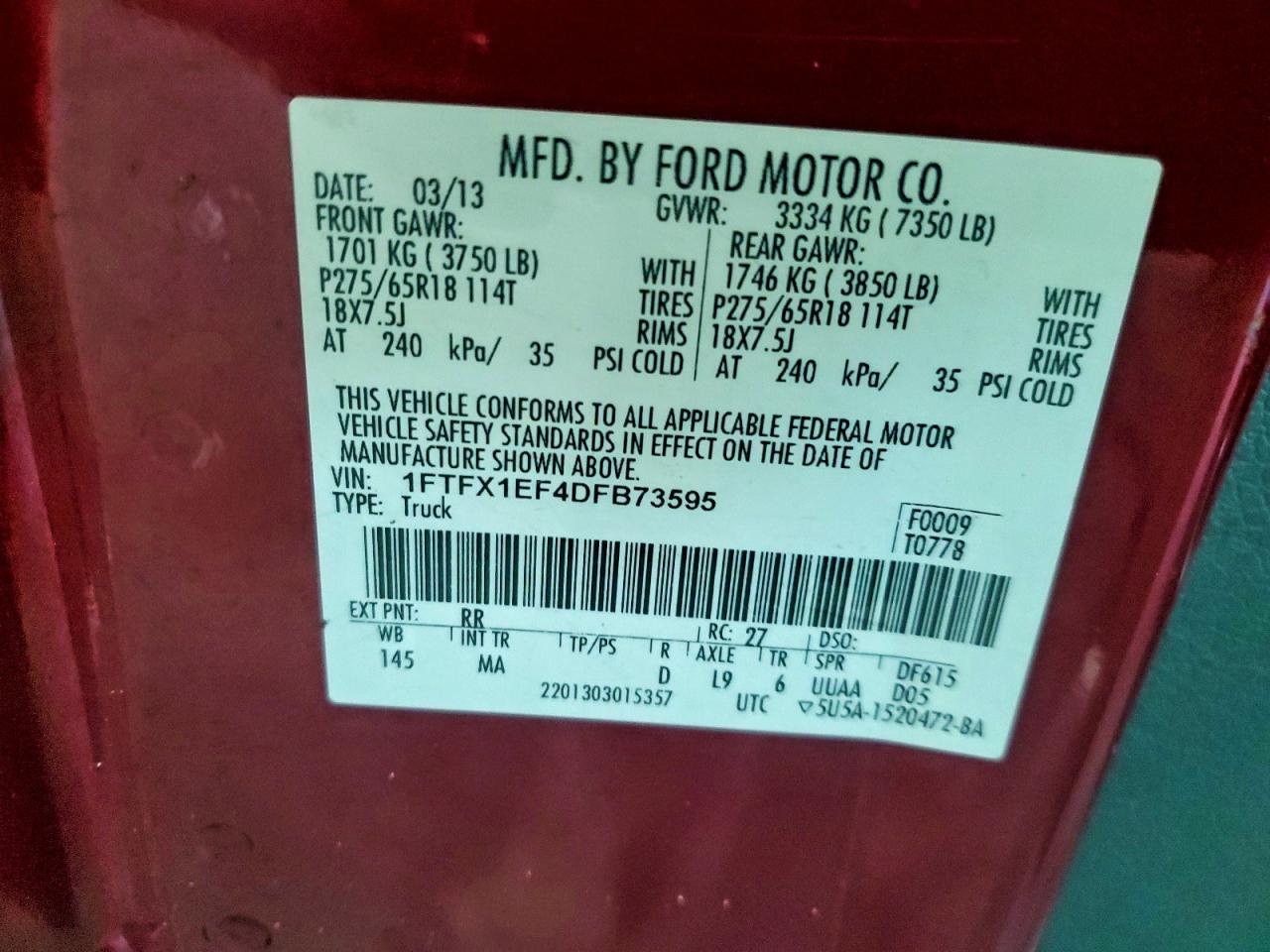 2013 Ford F150 Super Cab VIN: 1FTFX1EF4DFB73595 Lot: 94443625