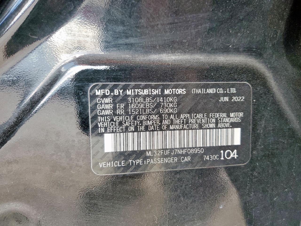 2022 Mitsubishi Mirage G4 Es VIN: ML32FUFJ7NHF08950 Lot: 91742005