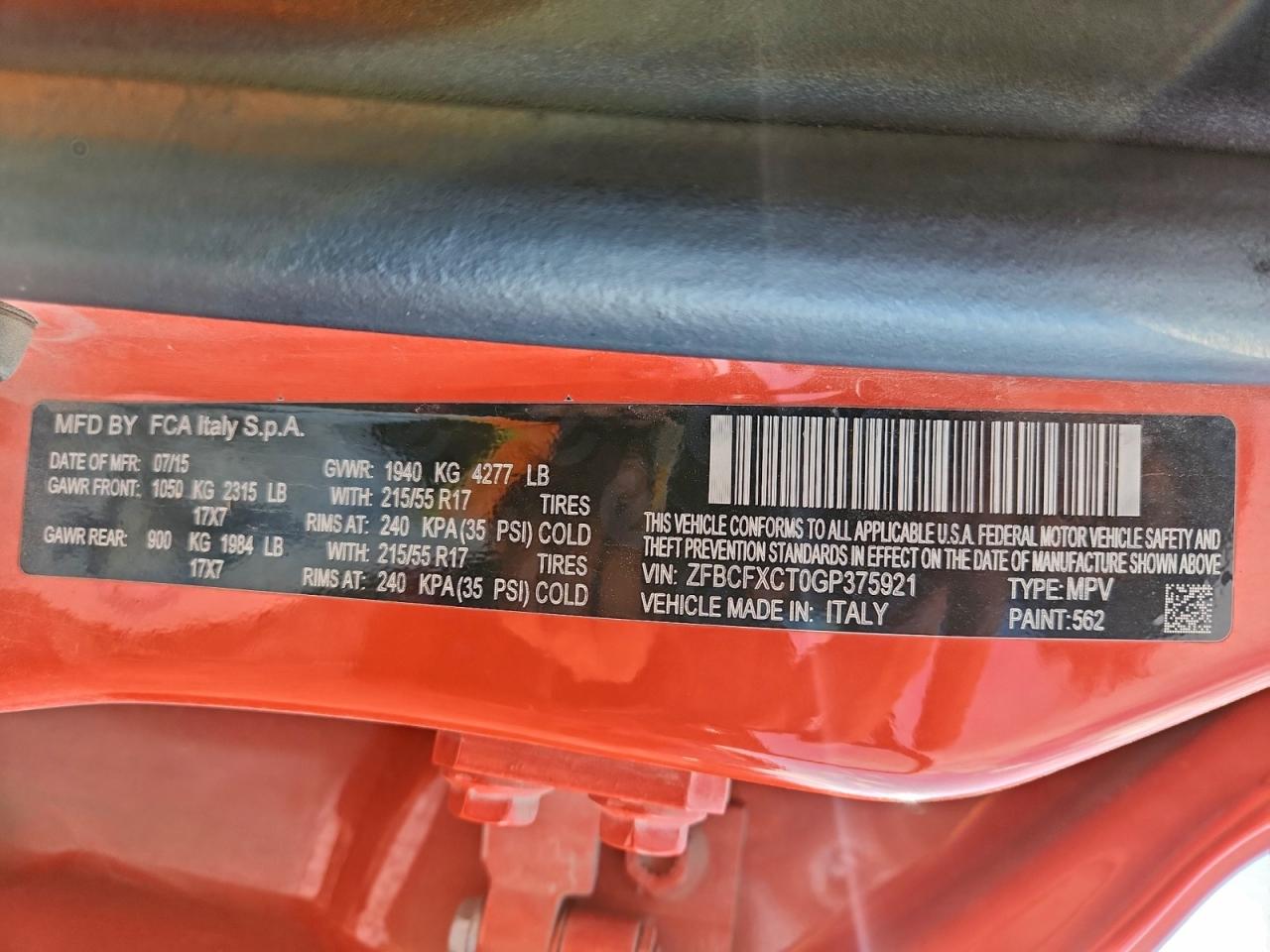 2016 Fiat 500X Trekking VIN: ZFBCFXCT0GP375921 Lot: 94079655