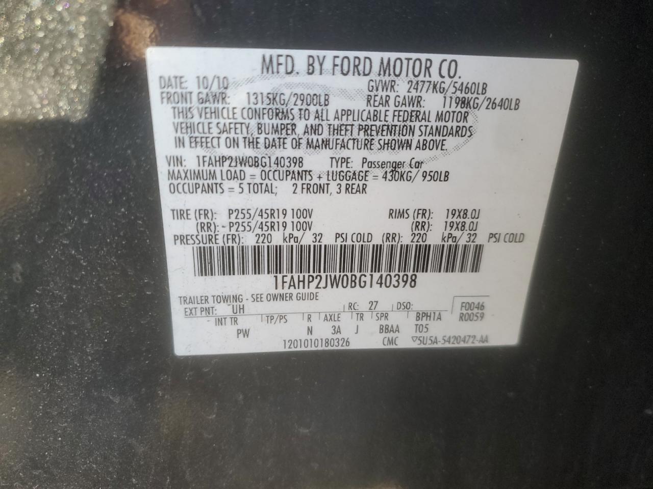 2011 Ford Taurus Limited VIN: 1FAHP2JW0BG140398 Lot: 92919255