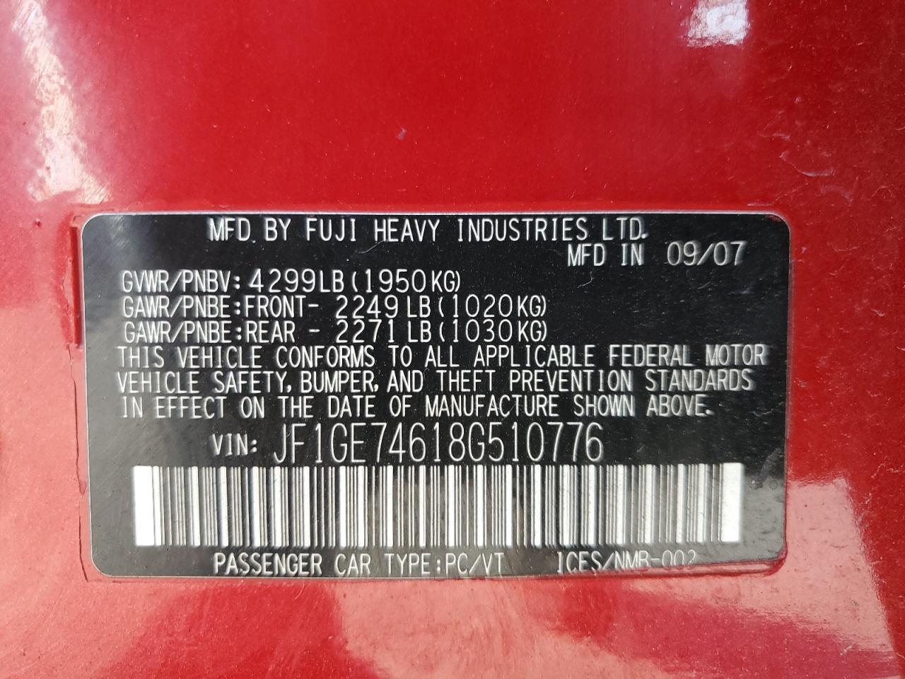 2008 Subaru Impreza Wrx VIN: JF1GE74618G510776 Lot: 93496835