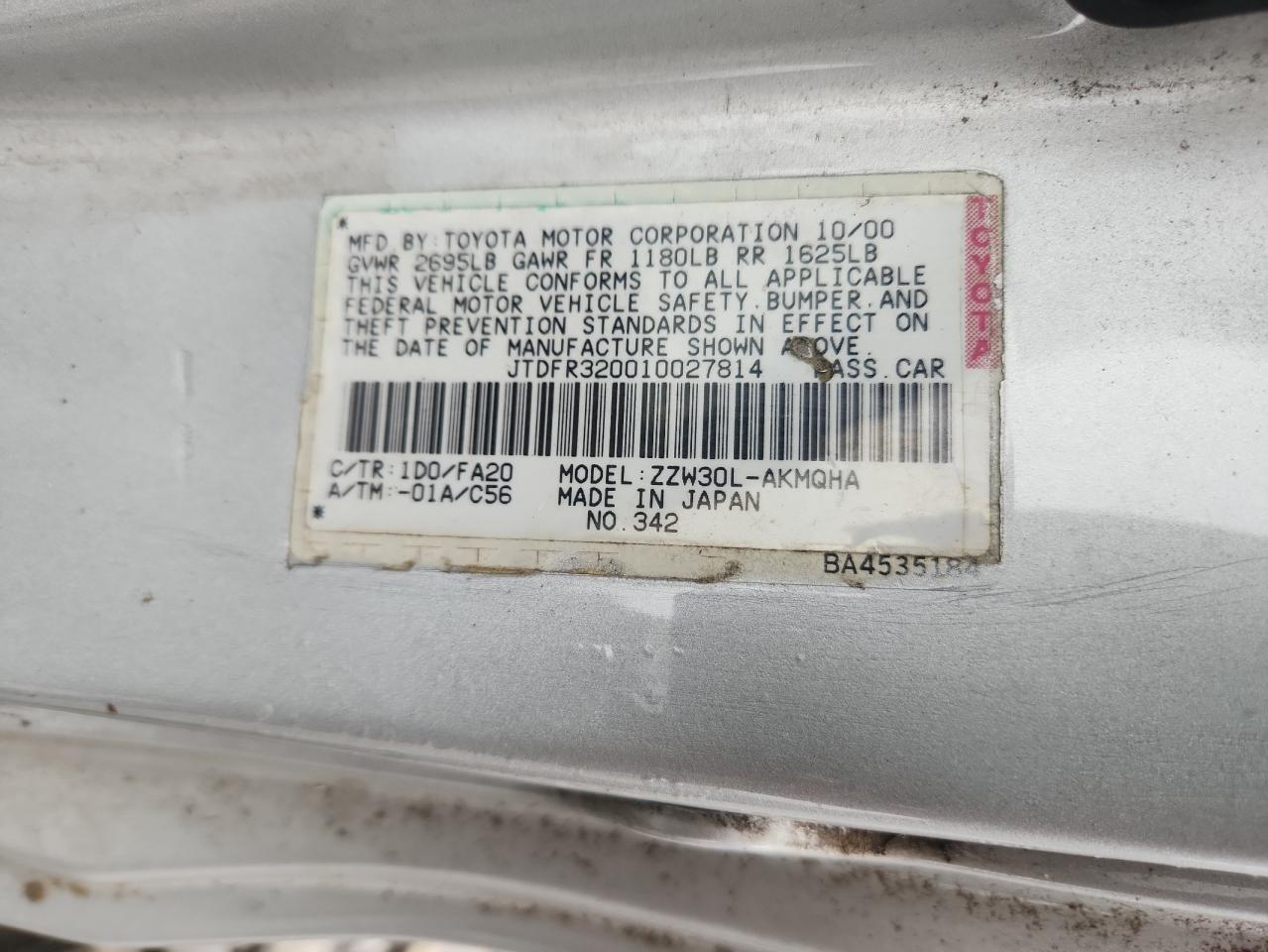 2001 Toyota Mr2 Spyder VIN: JTDFR320010027814 Lot: 93656475