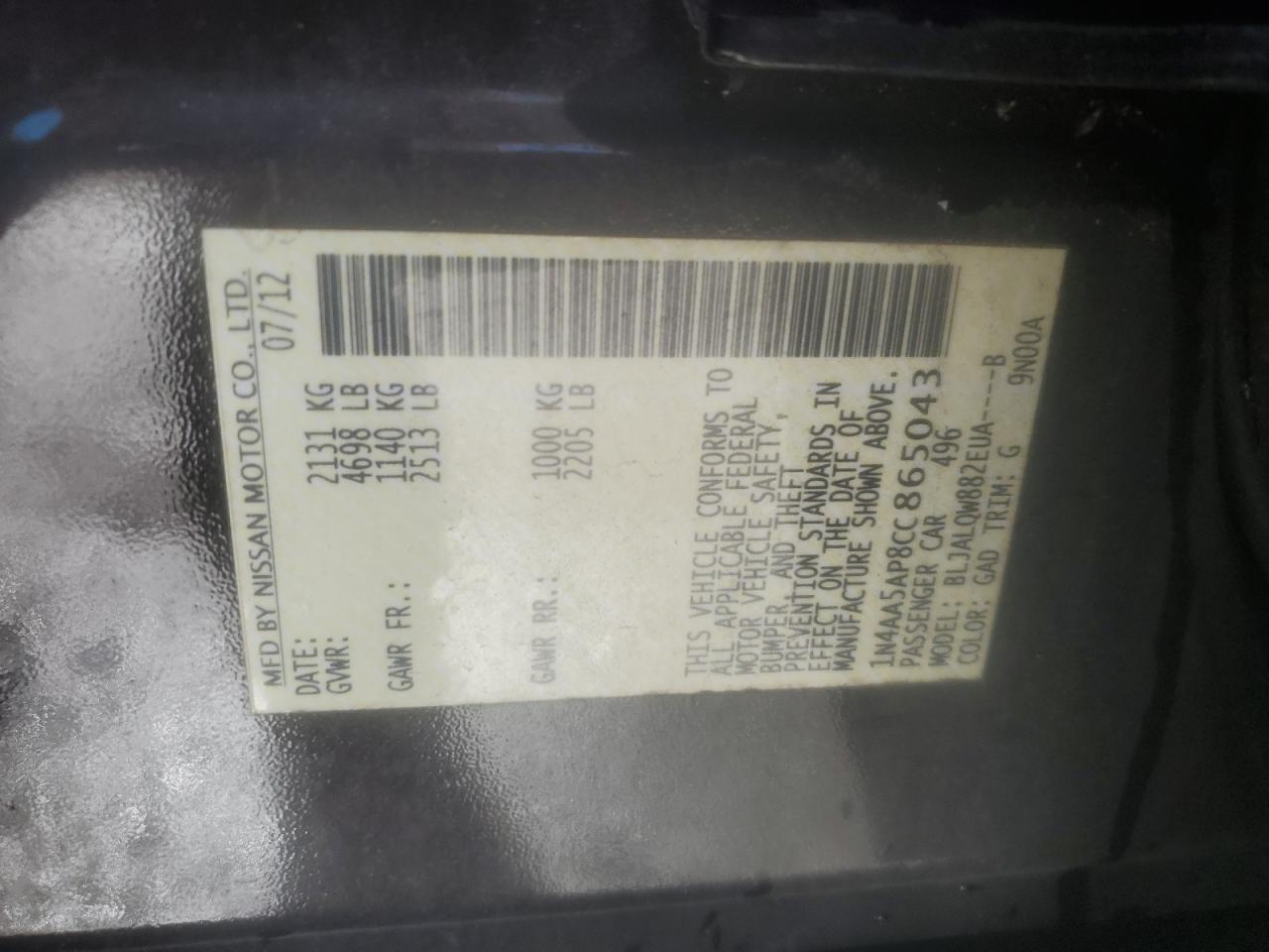 2012 Nissan Maxima S VIN: 1N4AA5AP8CC865043 Lot: 90936695