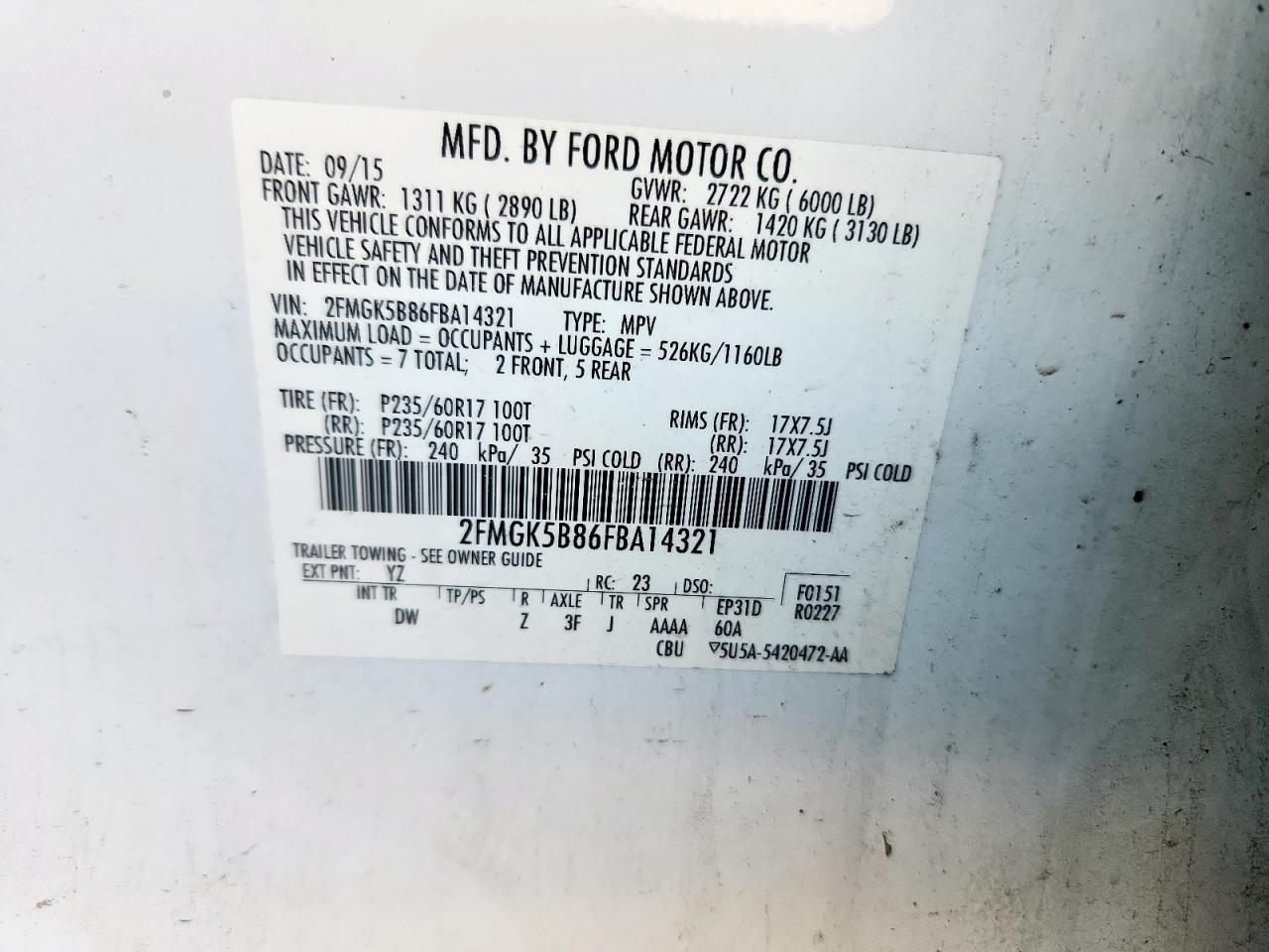 2015 Ford Flex Se VIN: 2FMGK5B86FBA14321 Lot: 92089905