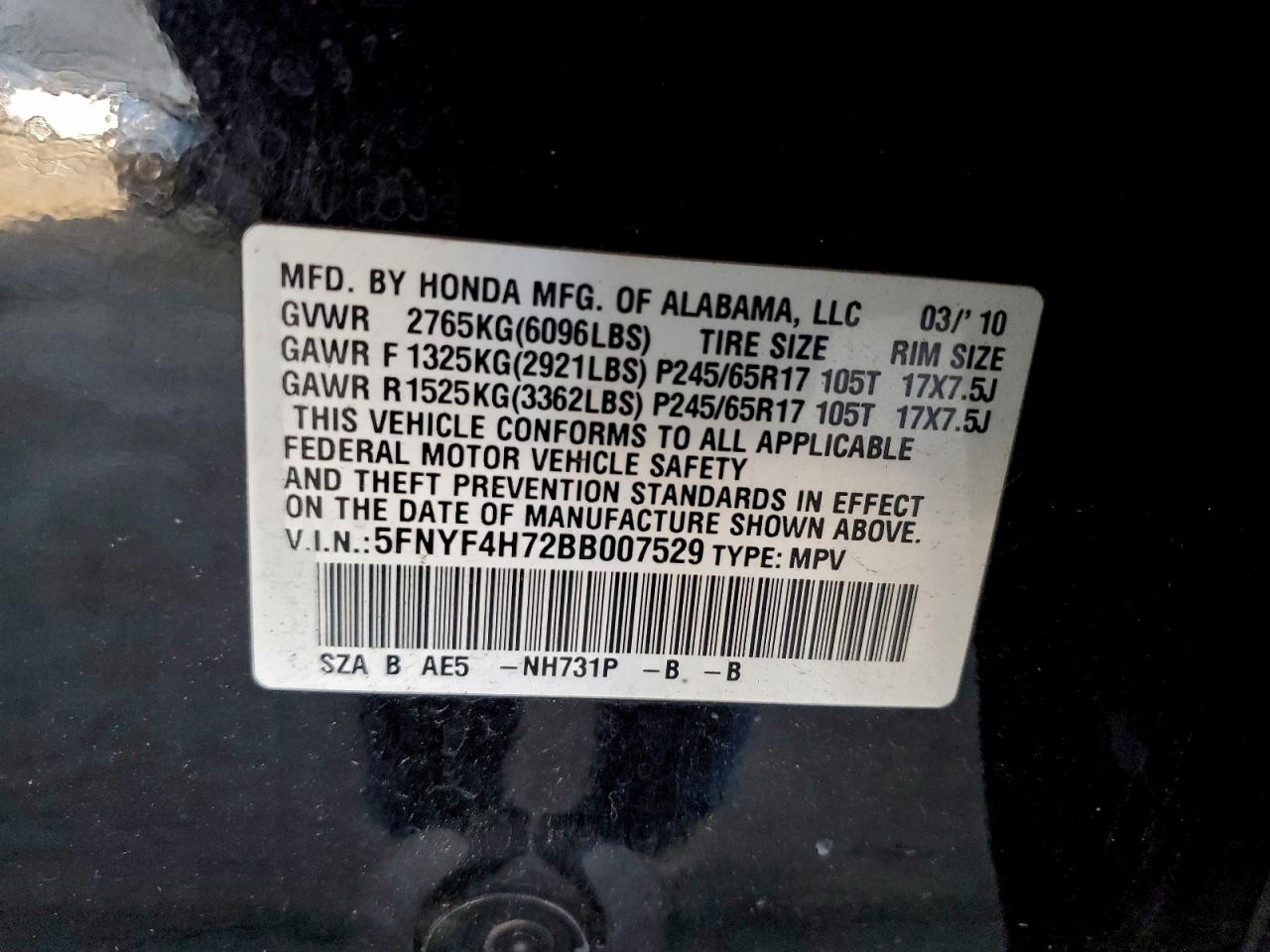 2011 Honda Pilot Exln VIN: 5FNYF4H72BB007529 Lot: 93468215