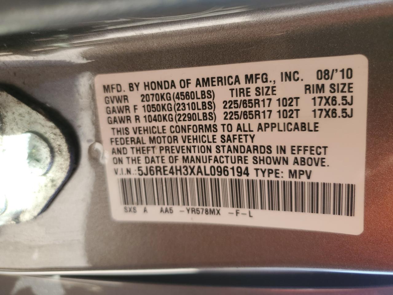 2010 Honda Cr-V Lx VIN: 5J6RE4H3XAL096194 Lot: 86446225