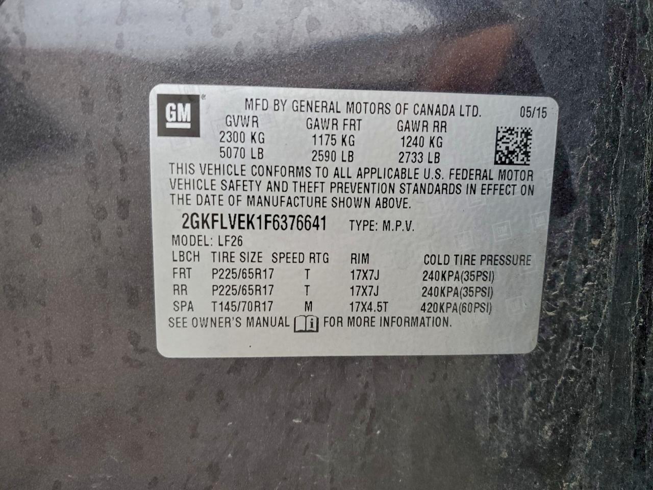 2015 GMC Terrain Sle VIN: 2GKFLVEK1F6376641 Lot: 93817085