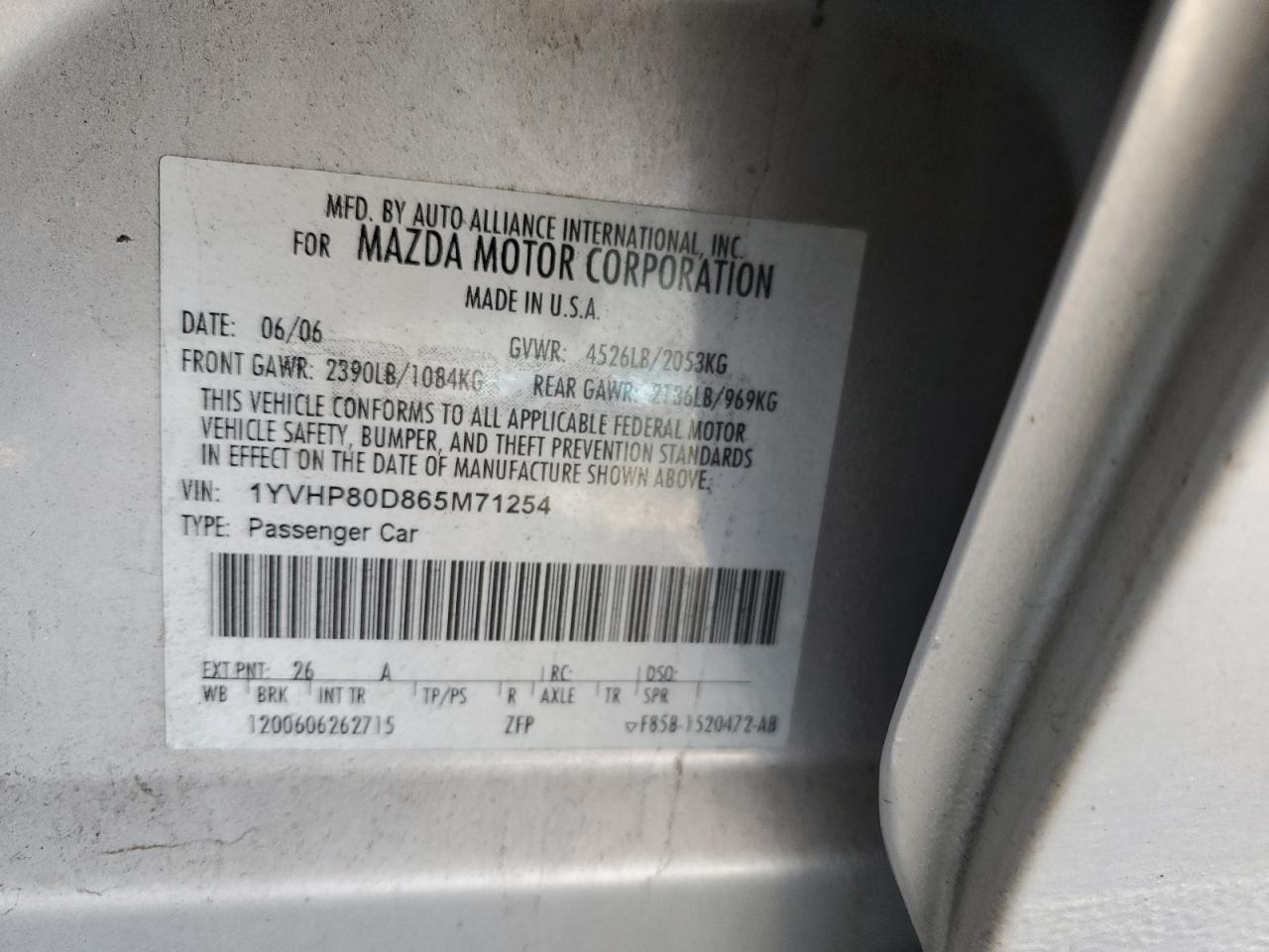 2006 Mazda 6 S VIN: 1YVHP80D865M71254 Lot: 91680545