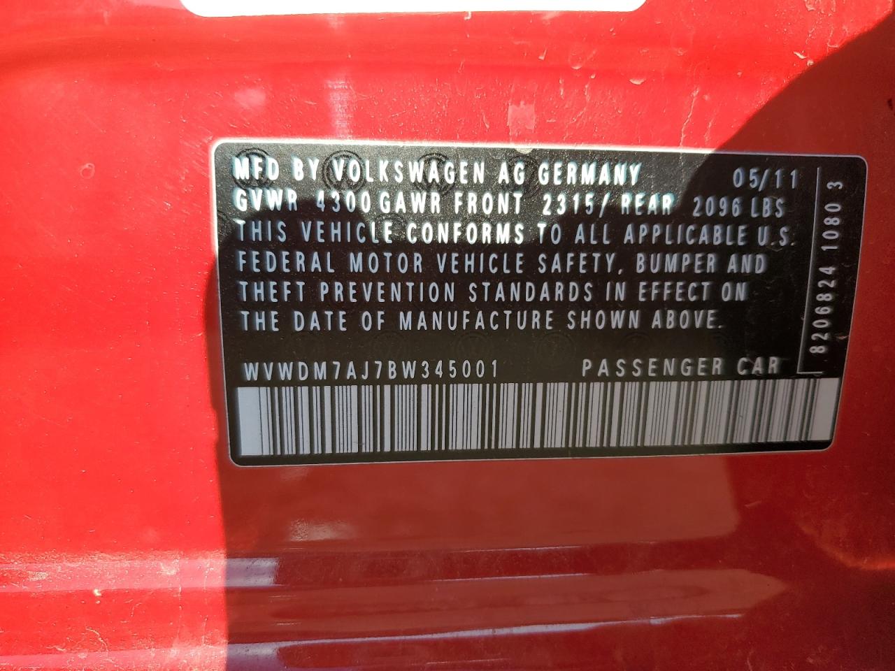 2011 Volkswagen Golf VIN: WVWDM7AJ7BW345001 Lot: 91772305