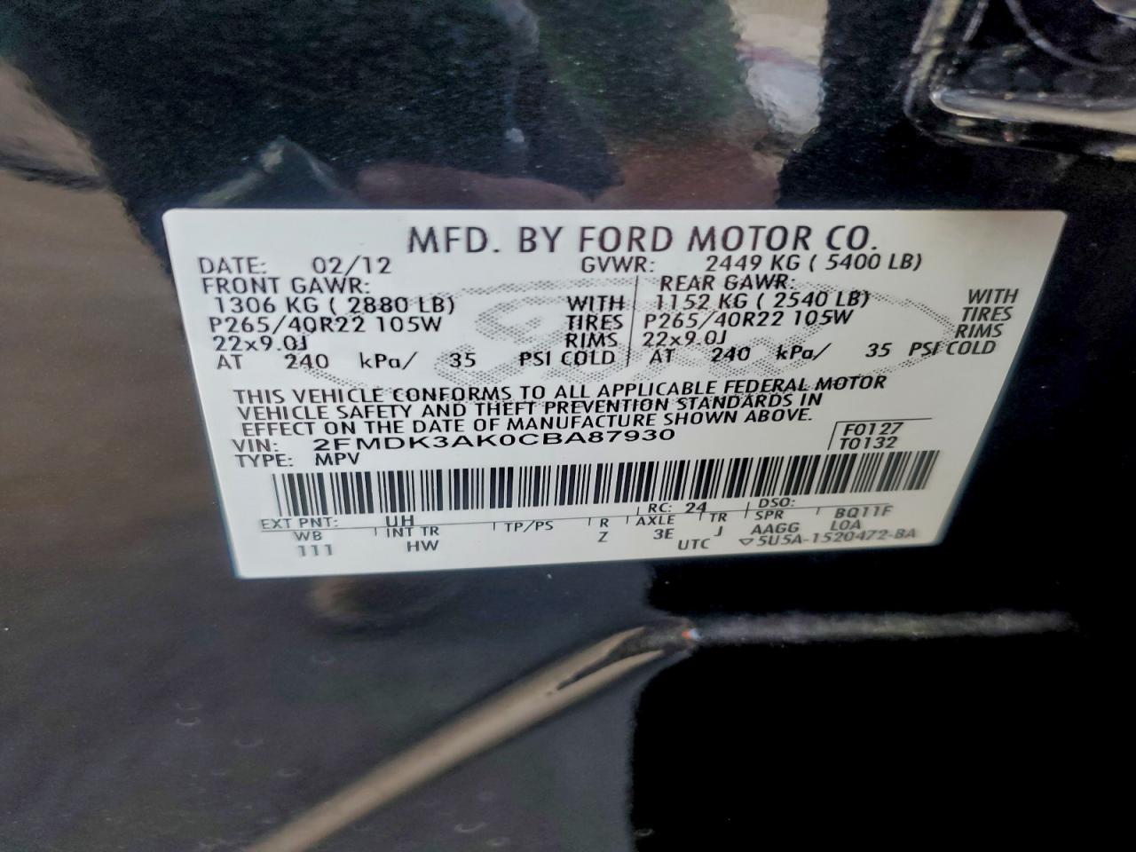 2012 Ford Edge Sport VIN: 2FMDK3AK0CBA87930 Lot: 94167385